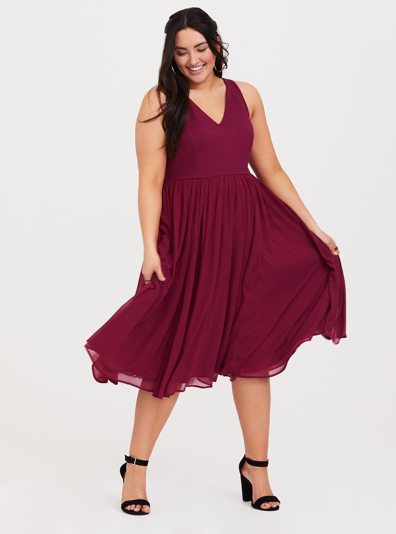 Midi Chiffon Skater Dress, BEET RED, hi-res