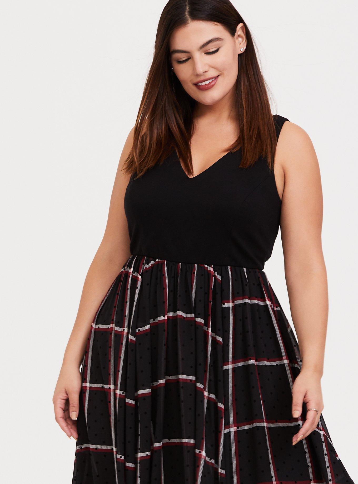 Midi Chiffon Skater Dress, PLAID BLACK, alternate