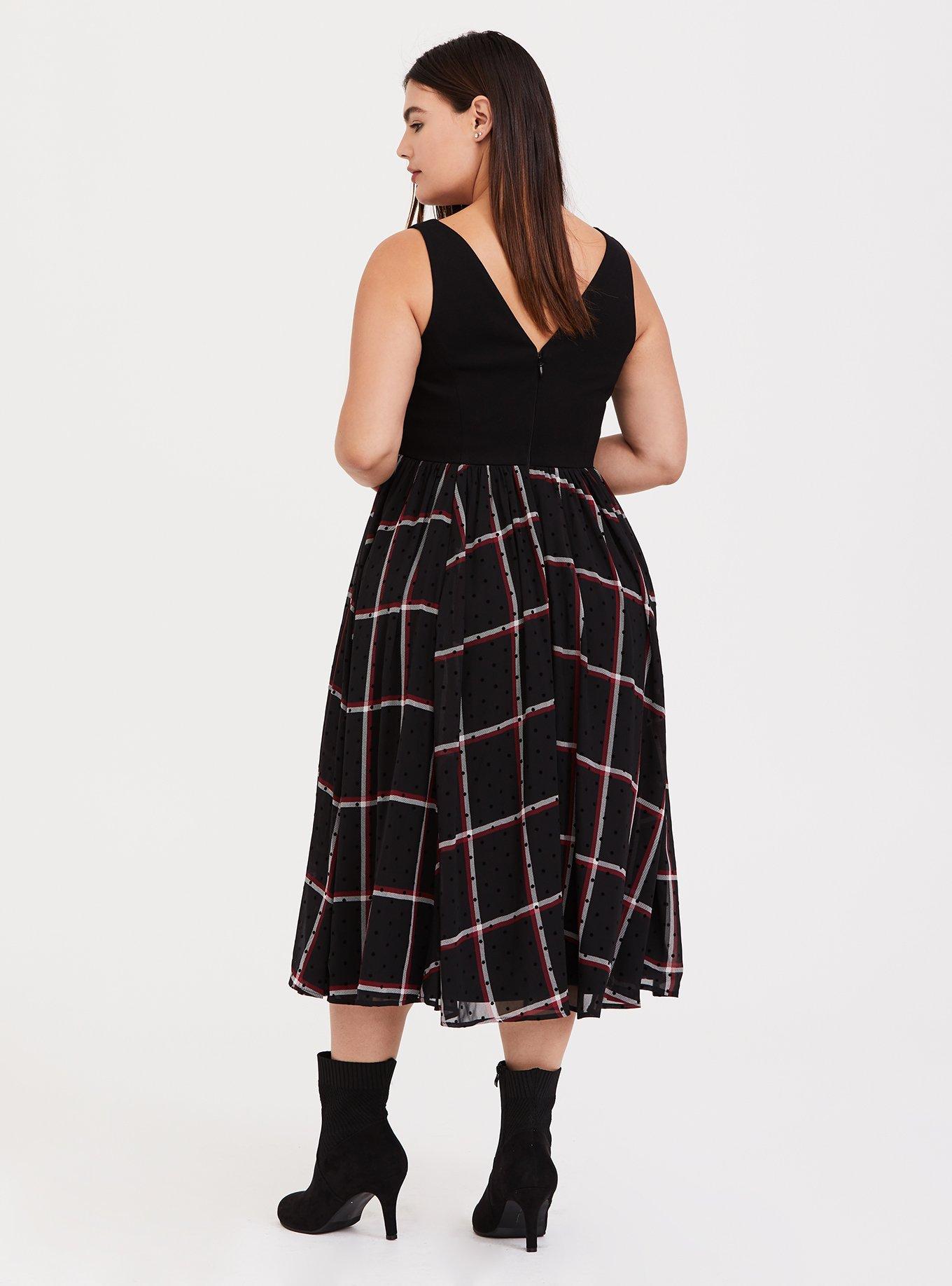 Midi Chiffon Skater Dress, PLAID BLACK, alternate