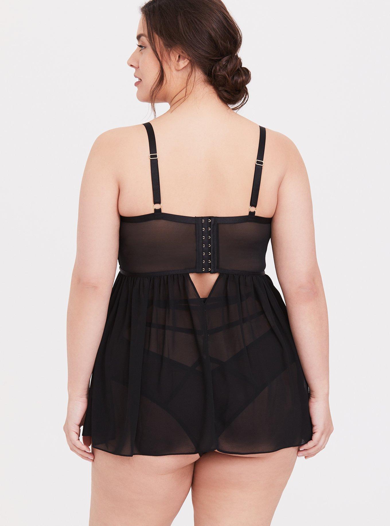 Black Lace & Mesh Harness Waist Underwire Babydoll, RICH BLACK, alternate