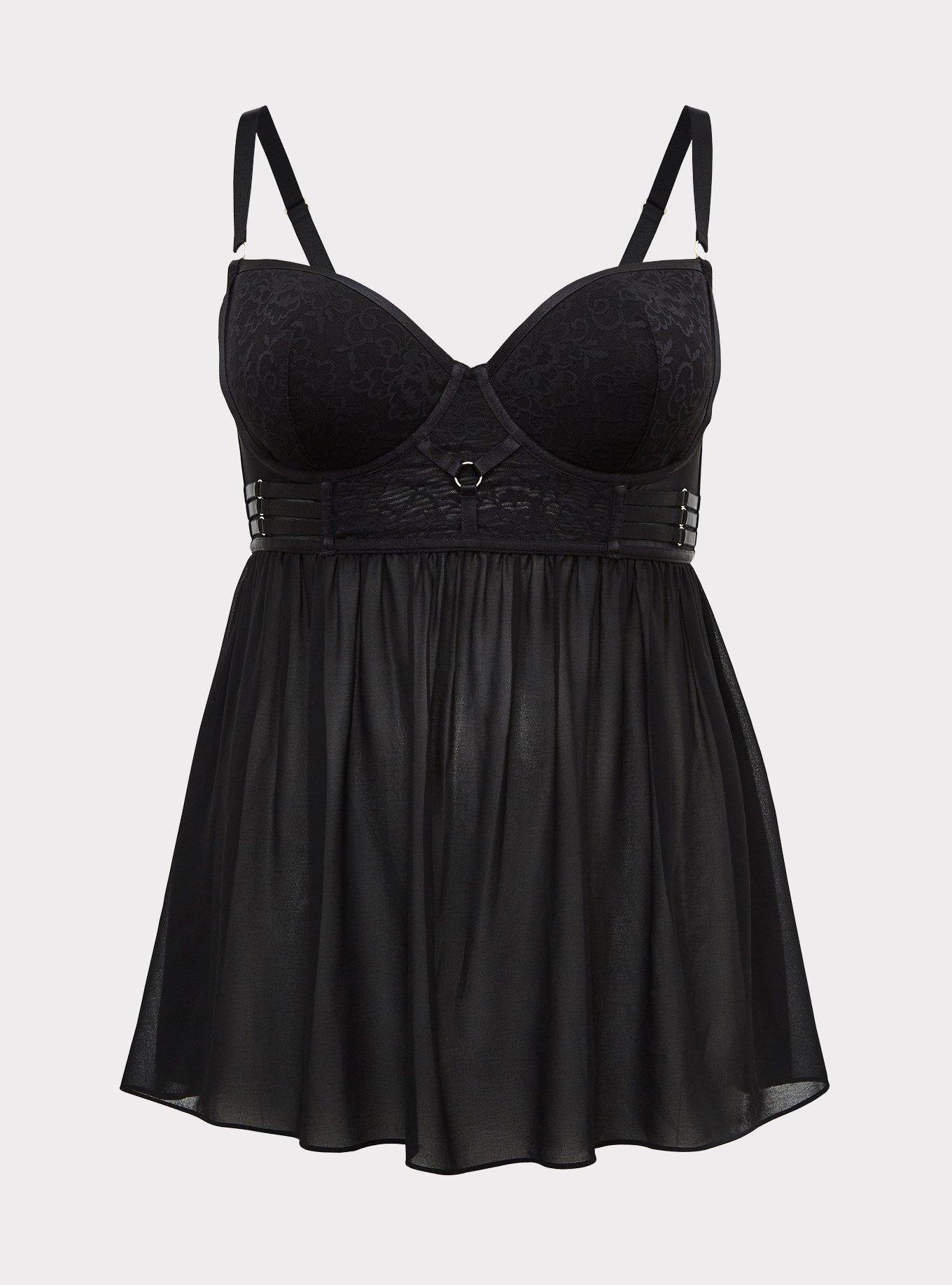 Black Lace & Mesh Harness Waist Underwire Babydoll, RICH BLACK, hi-res