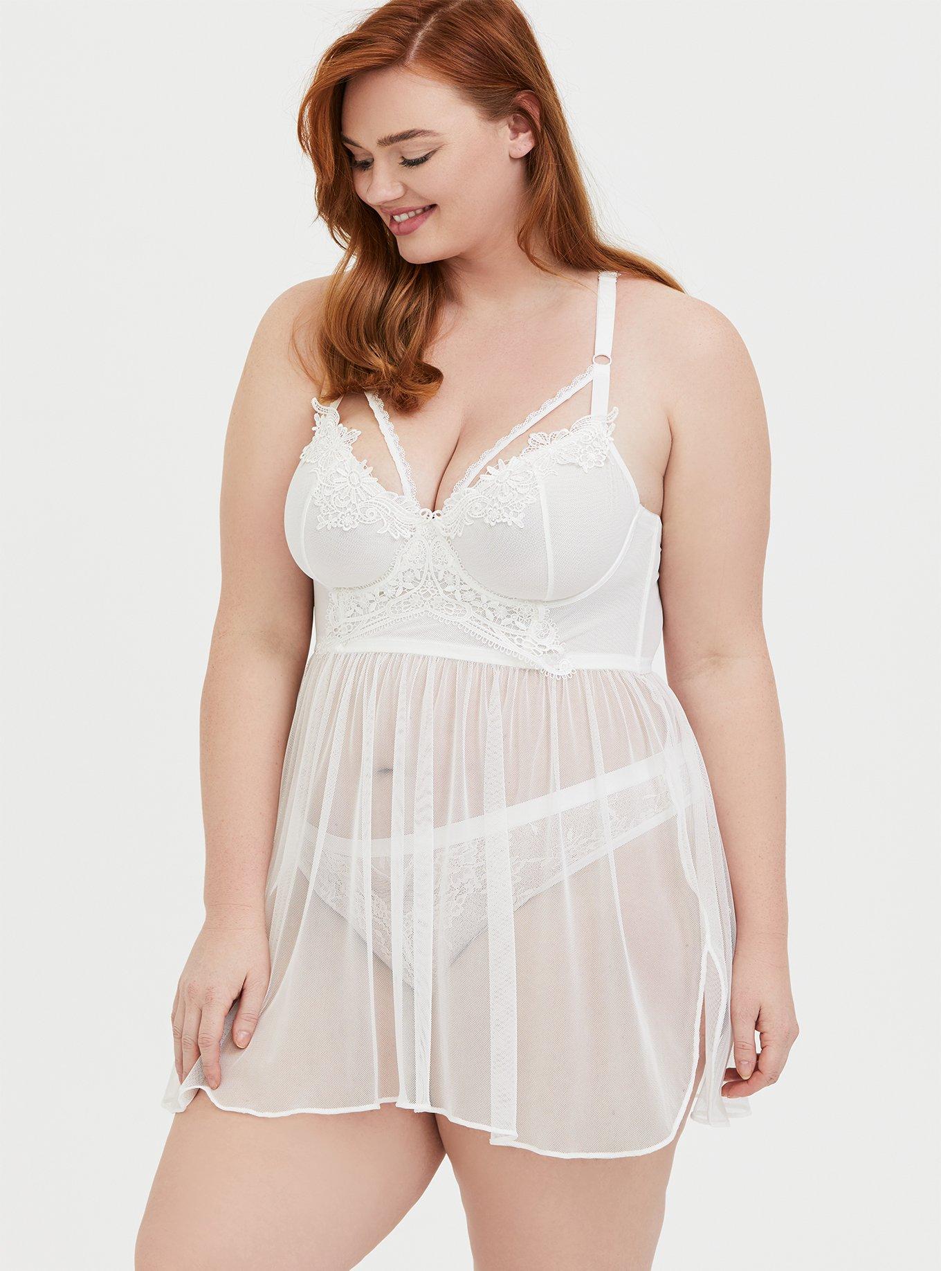 Plus Size - White Mesh & Lace Applique Underwire Babydoll - Torrid