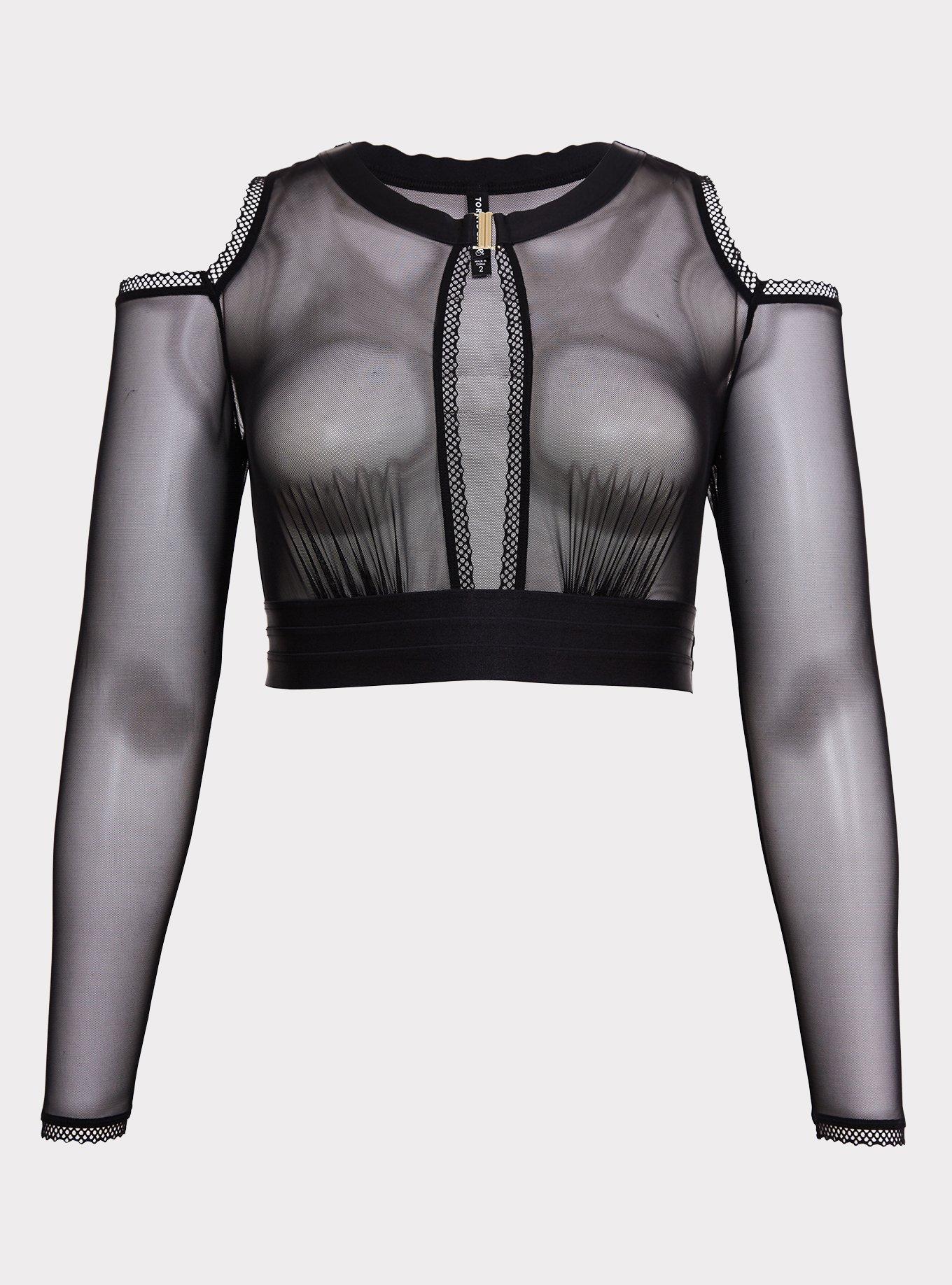 Black Mesh Cold Shoulder Long Sleeve Under-It-All Crop Top, , hi-res