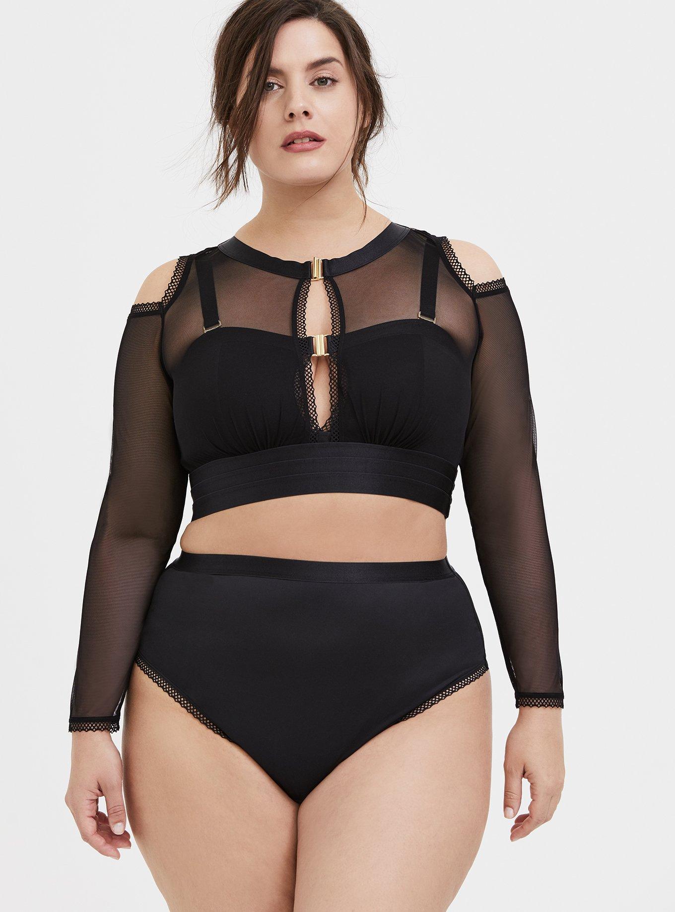 Black Mesh Cold Shoulder Long Sleeve Under-It-All Crop Top, , hi-res