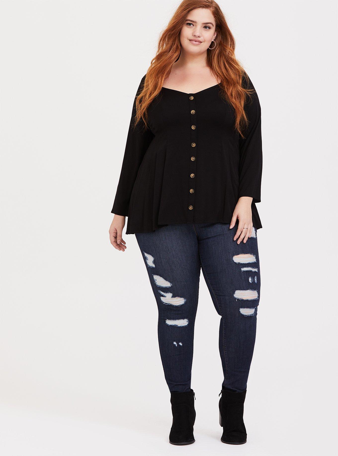 Fit And Flare Stretch Challis Button-Up Top, , alternate