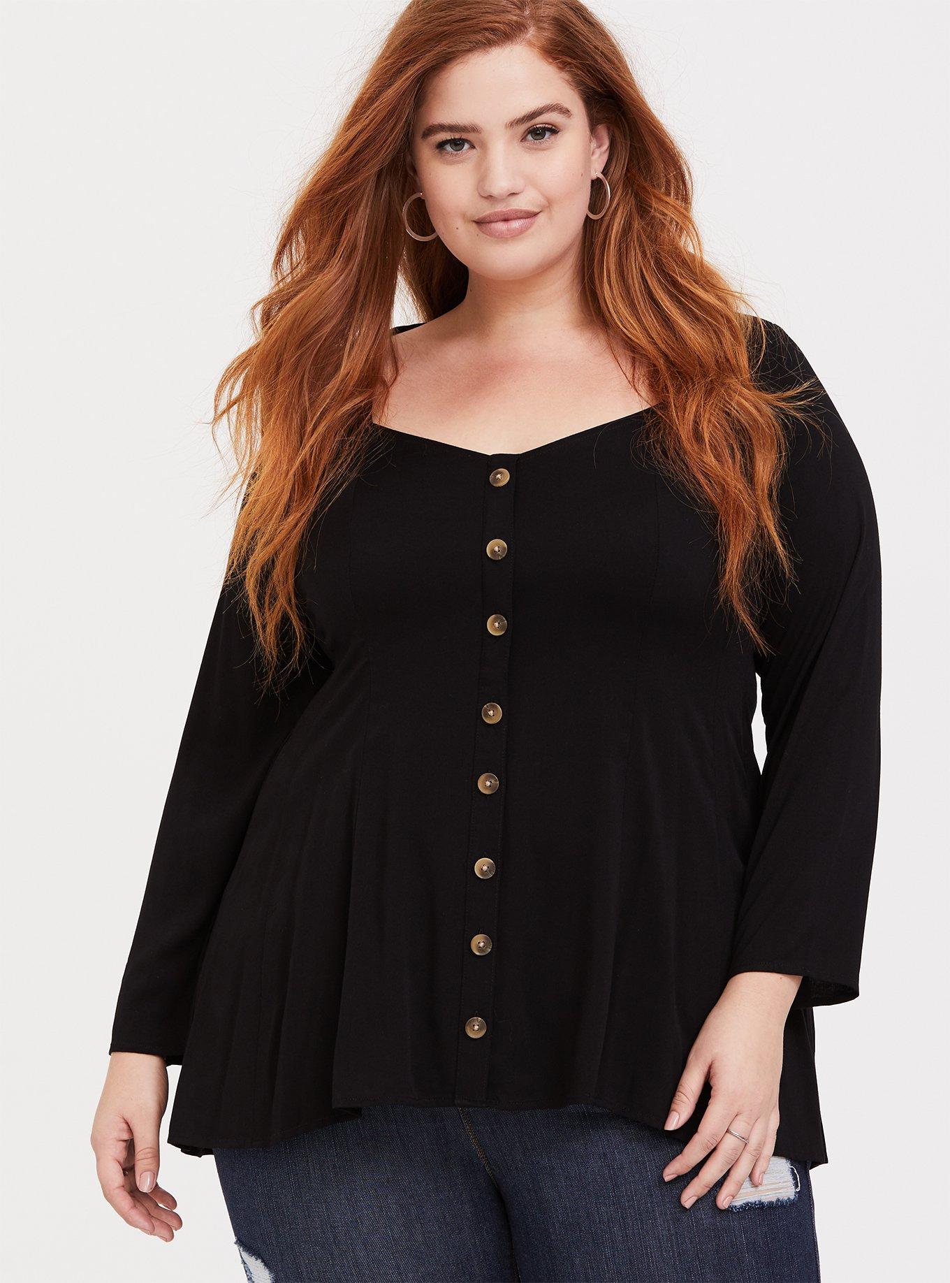 Fit And Flare Stretch Challis Button-Up Top, , hi-res