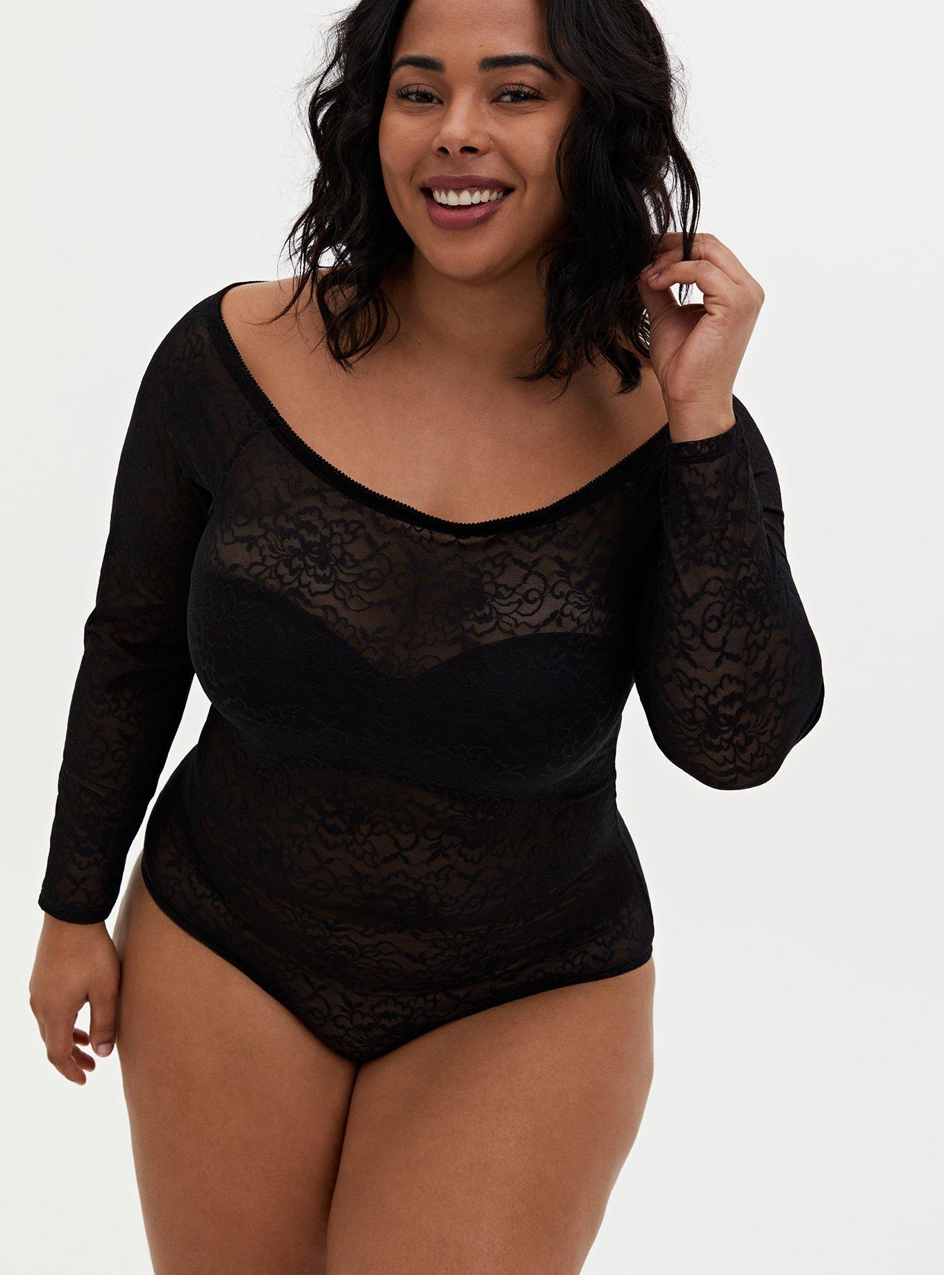 Plus Size - Stretch Lace Off Shoulder Corset Seamed Long Sleeve