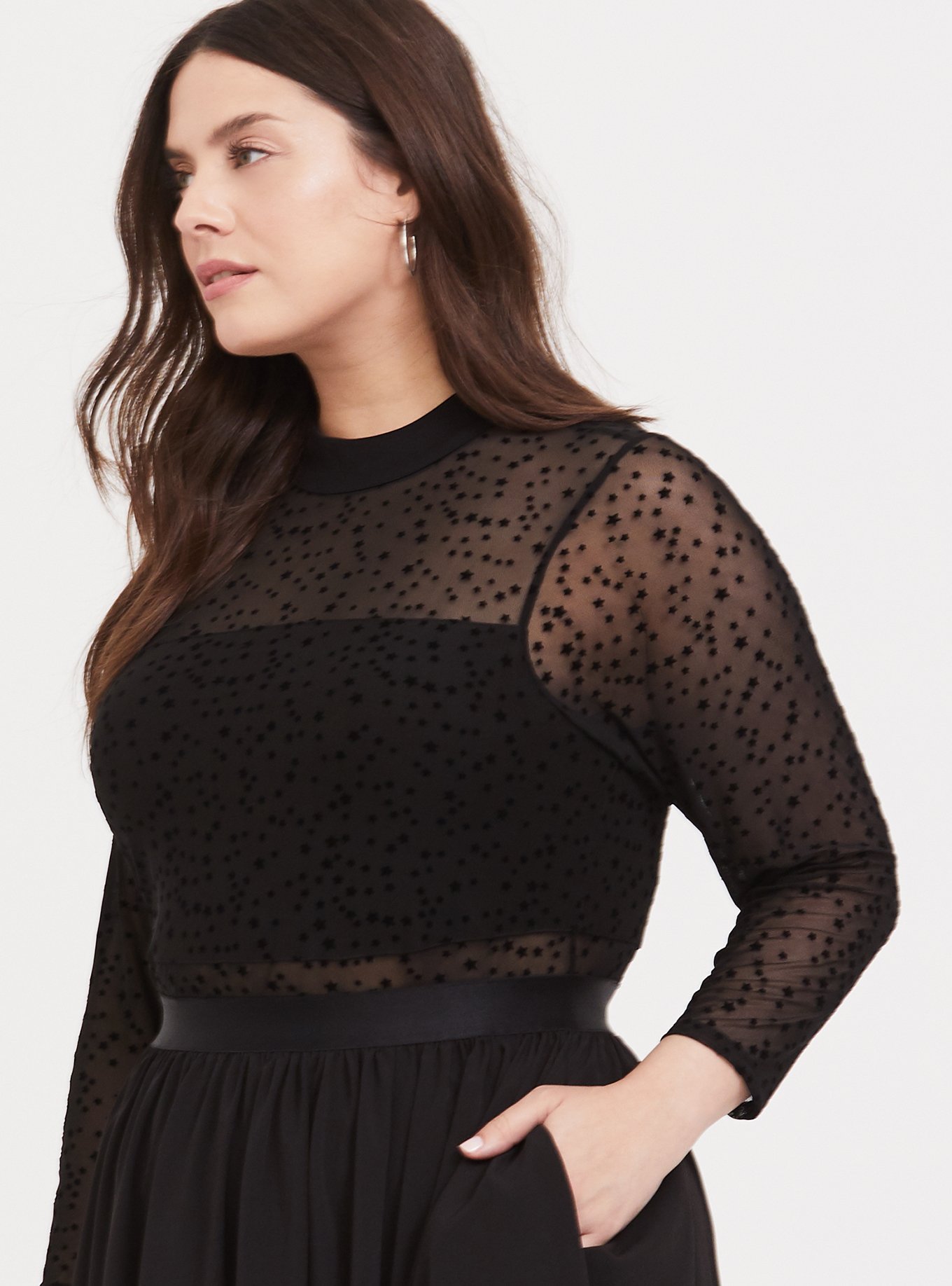 Plus Size - Black Mesh Flocked Star Mock Neck Midi Dress - Torrid
