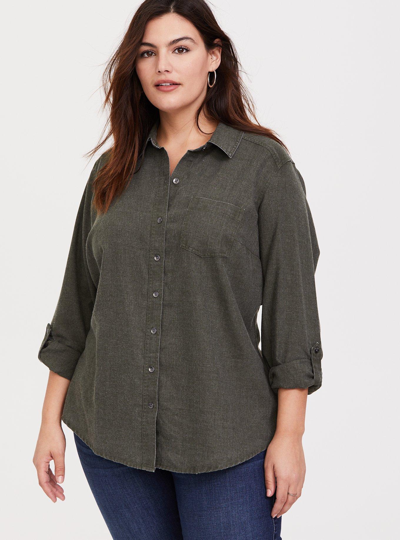 Plus Size Taylor Relaxed Fit Rayon Twill Button-Up Shirt, CAMO, alternate