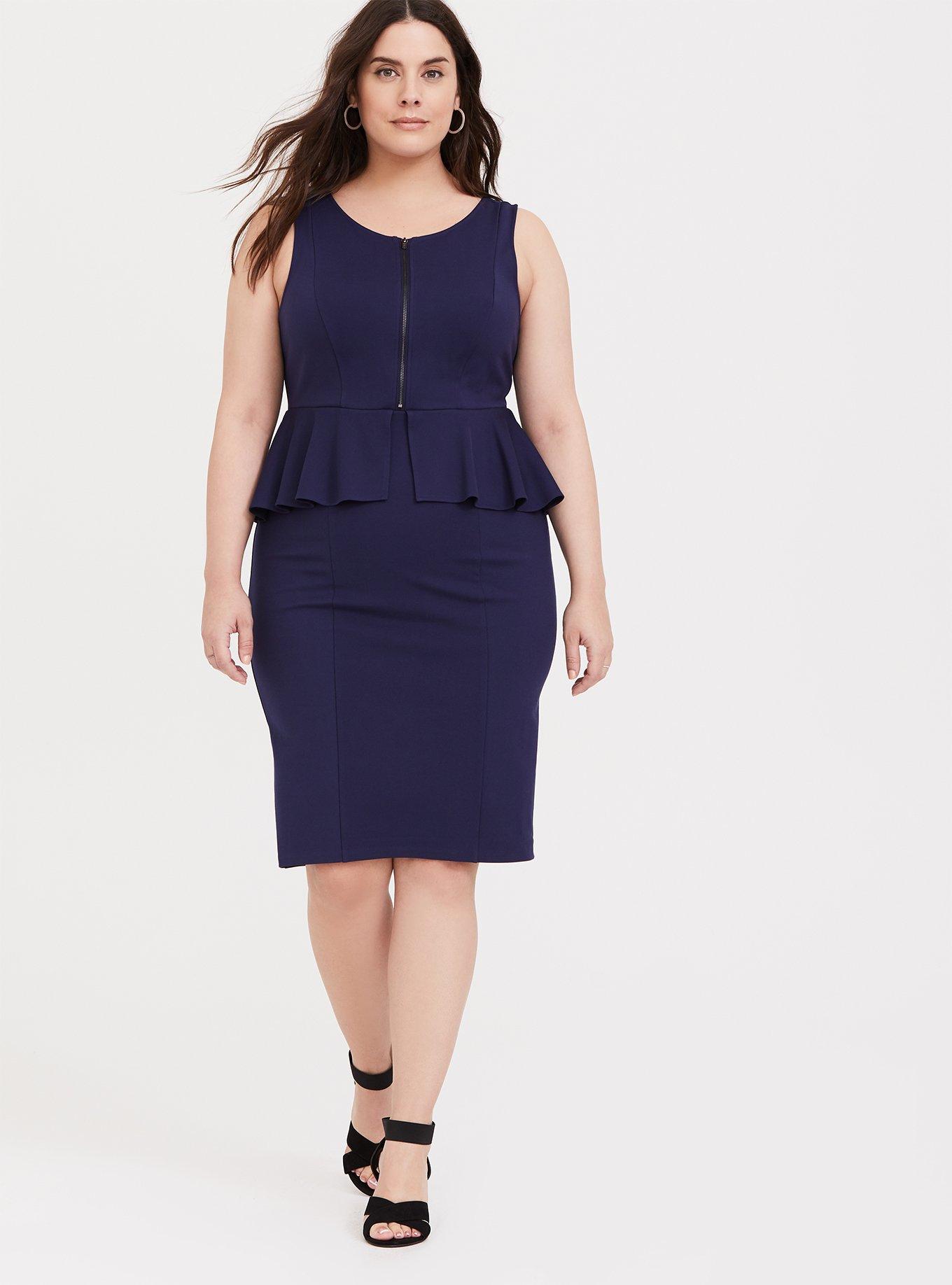 Plus Size Navy Premium Ponte Peplum Dress, PEACOAT, alternate