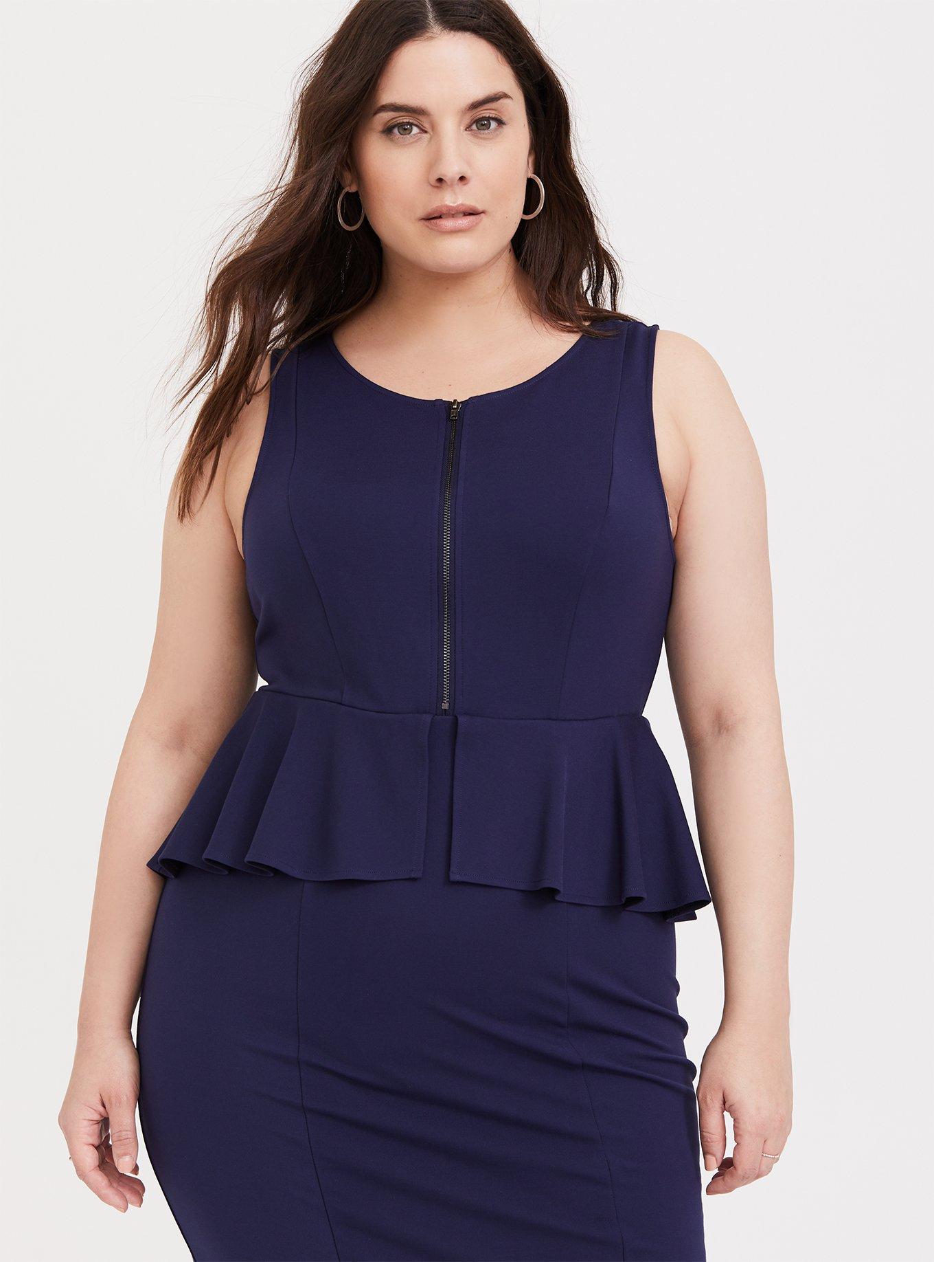 Plus Size Navy Premium Ponte Peplum Dress, PEACOAT, alternate