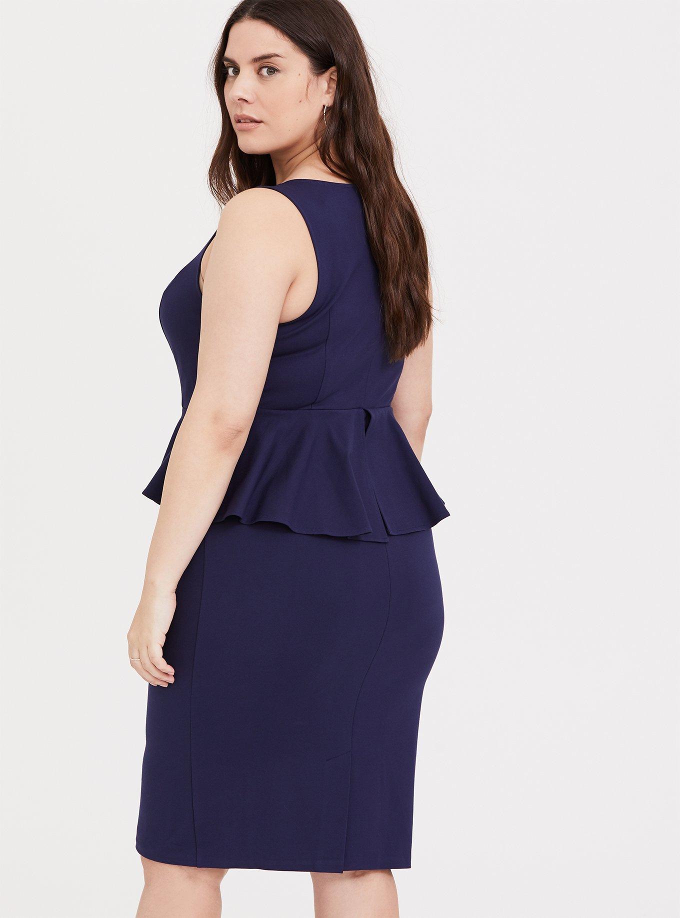 Plus Size Navy Premium Ponte Peplum Dress, PEACOAT, alternate