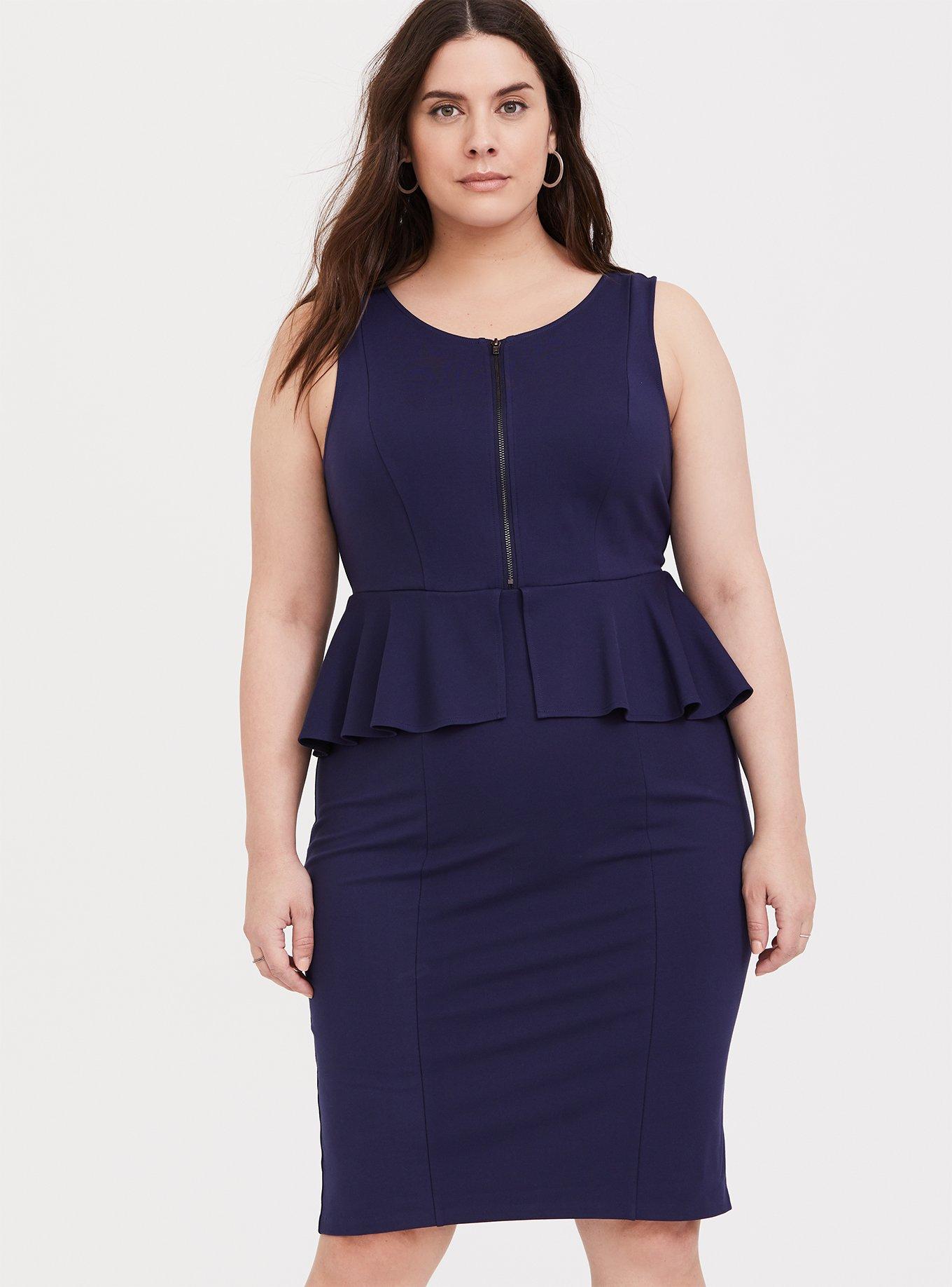 Navy Premium Ponte Peplum Dress, , hi-res