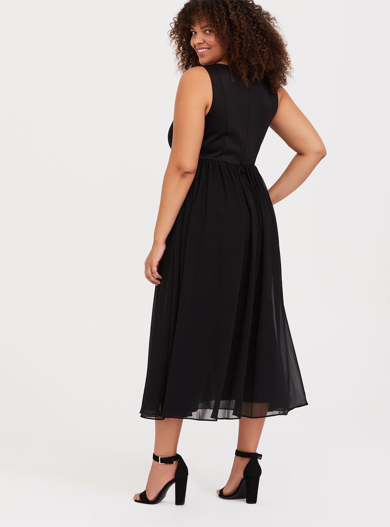 Black Scuba Knit & Chiffon Walk Through Romper, DEEP BLACK, alternate