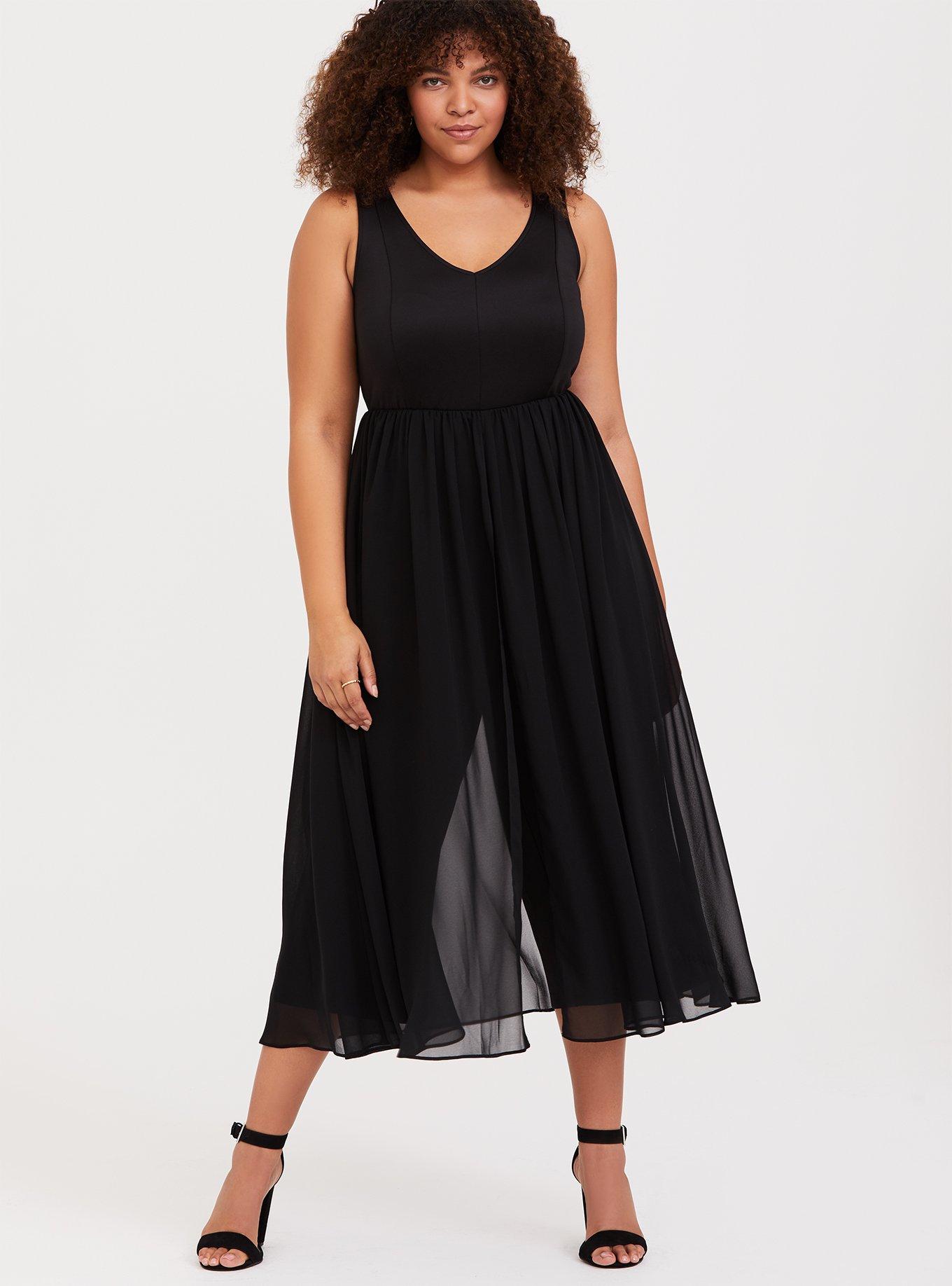 Plus Size - Black Scuba Knit & Chiffon Walk Through Romper - Torrid