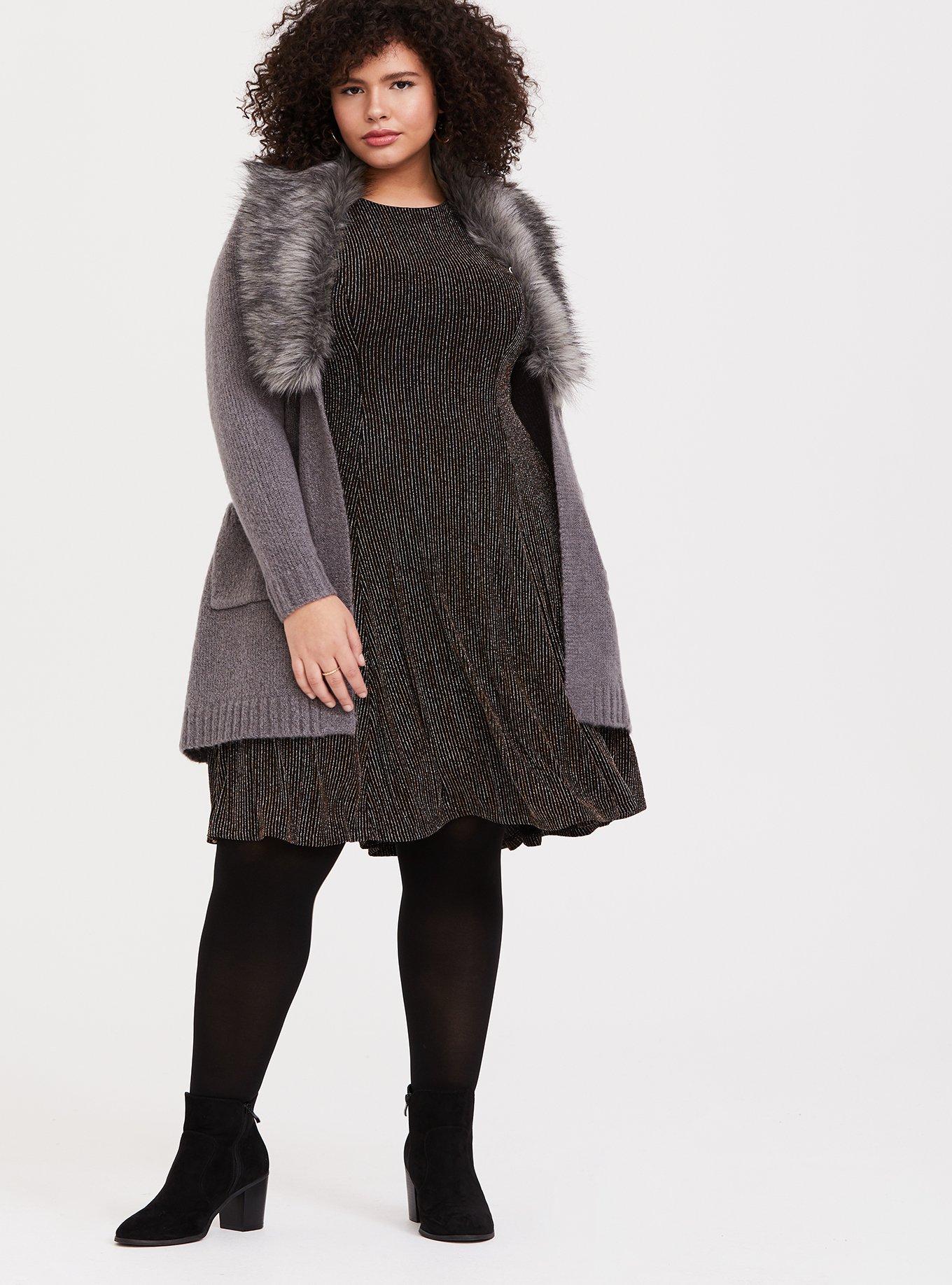 Black & Gold Glitter Stripe Fluted Dress, DEEP BLACK, alternate