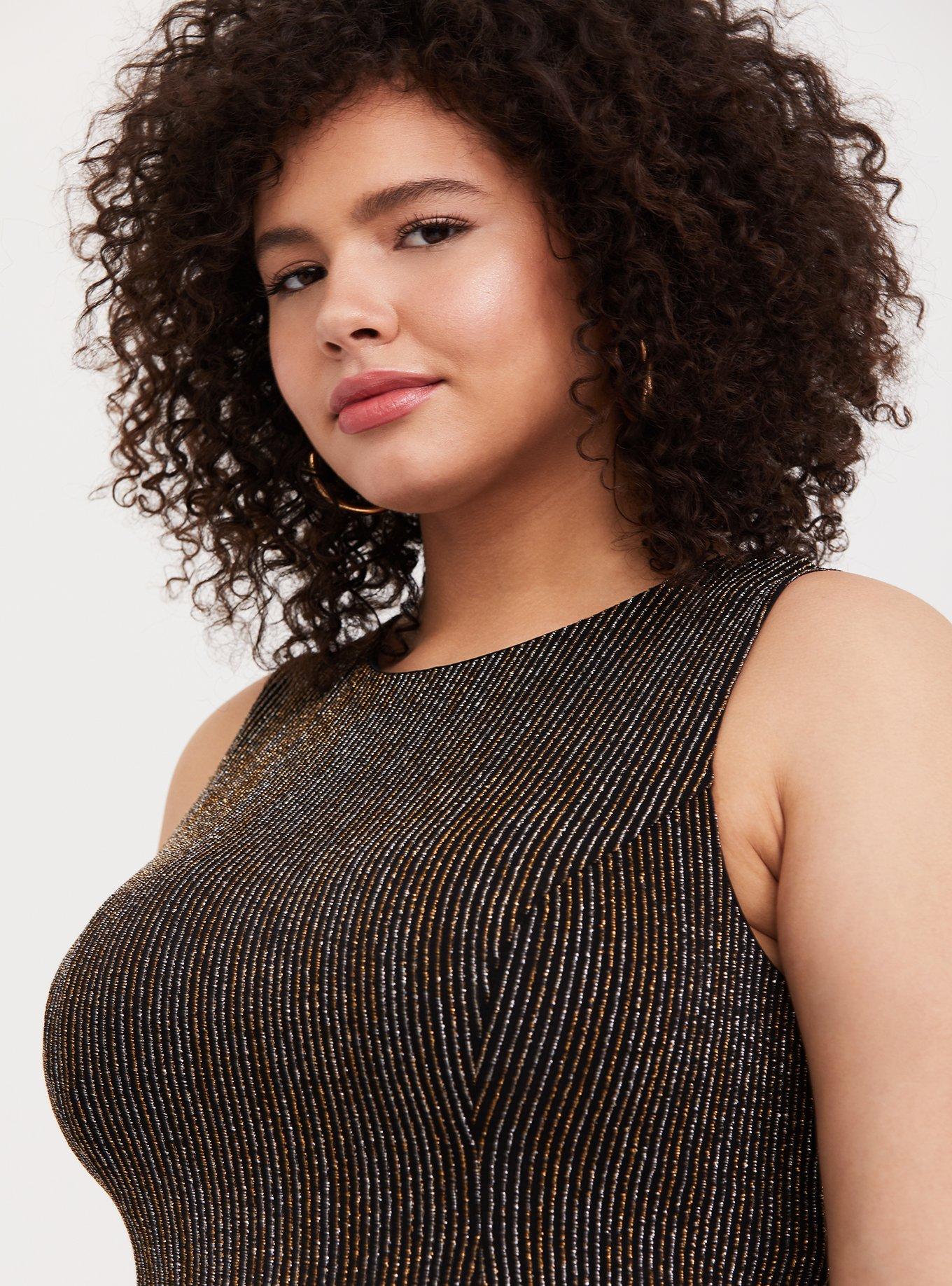 Black & Gold Glitter Stripe Fluted Dress, DEEP BLACK, alternate