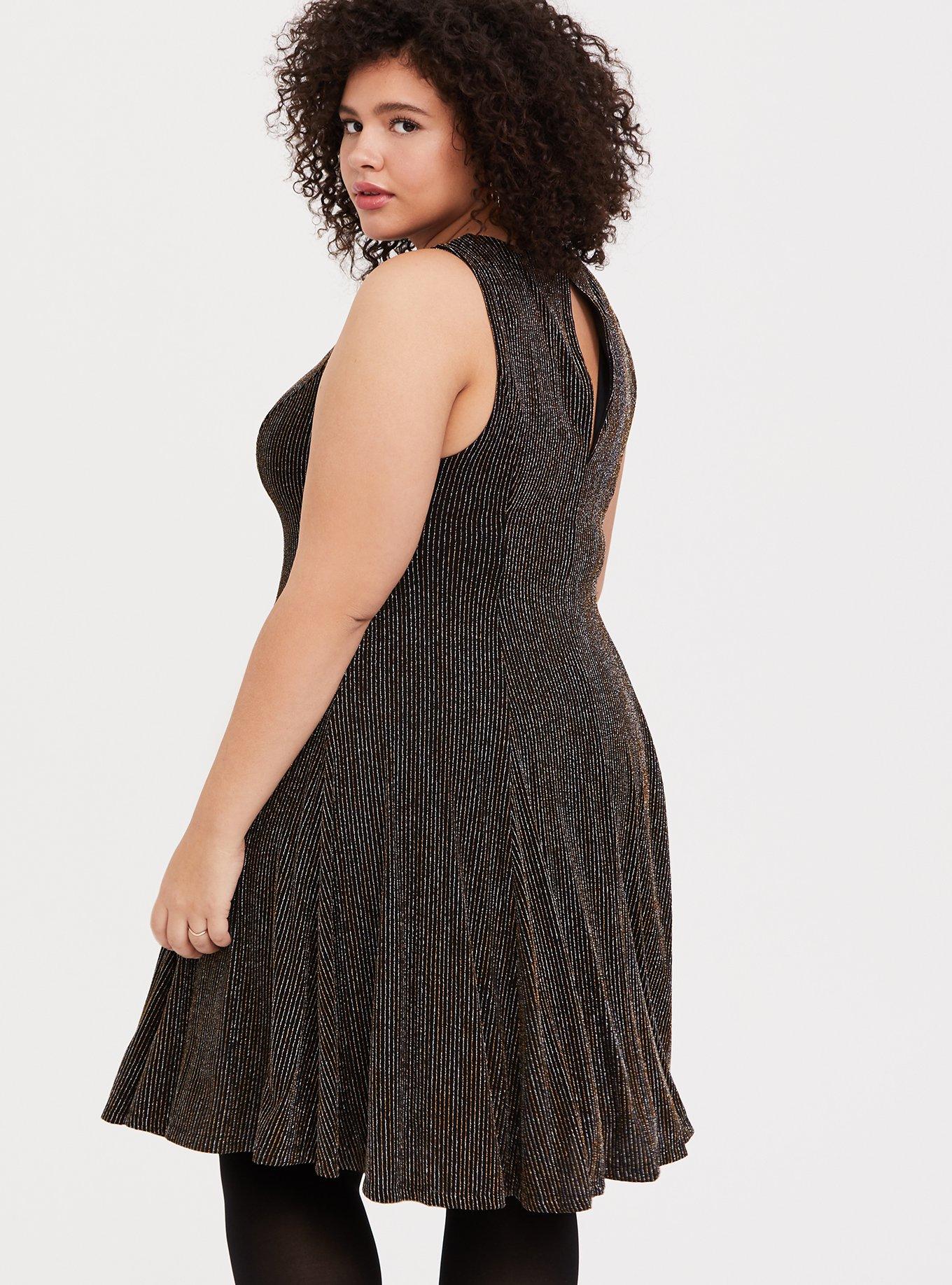 Black & Gold Glitter Stripe Fluted Dress, DEEP BLACK, alternate