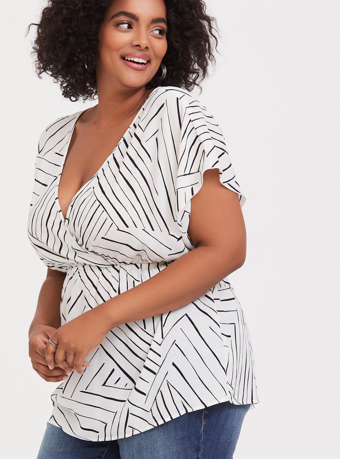 Plus Size - Ivory & White Stripe georgette Surplice Blouse - Torrid