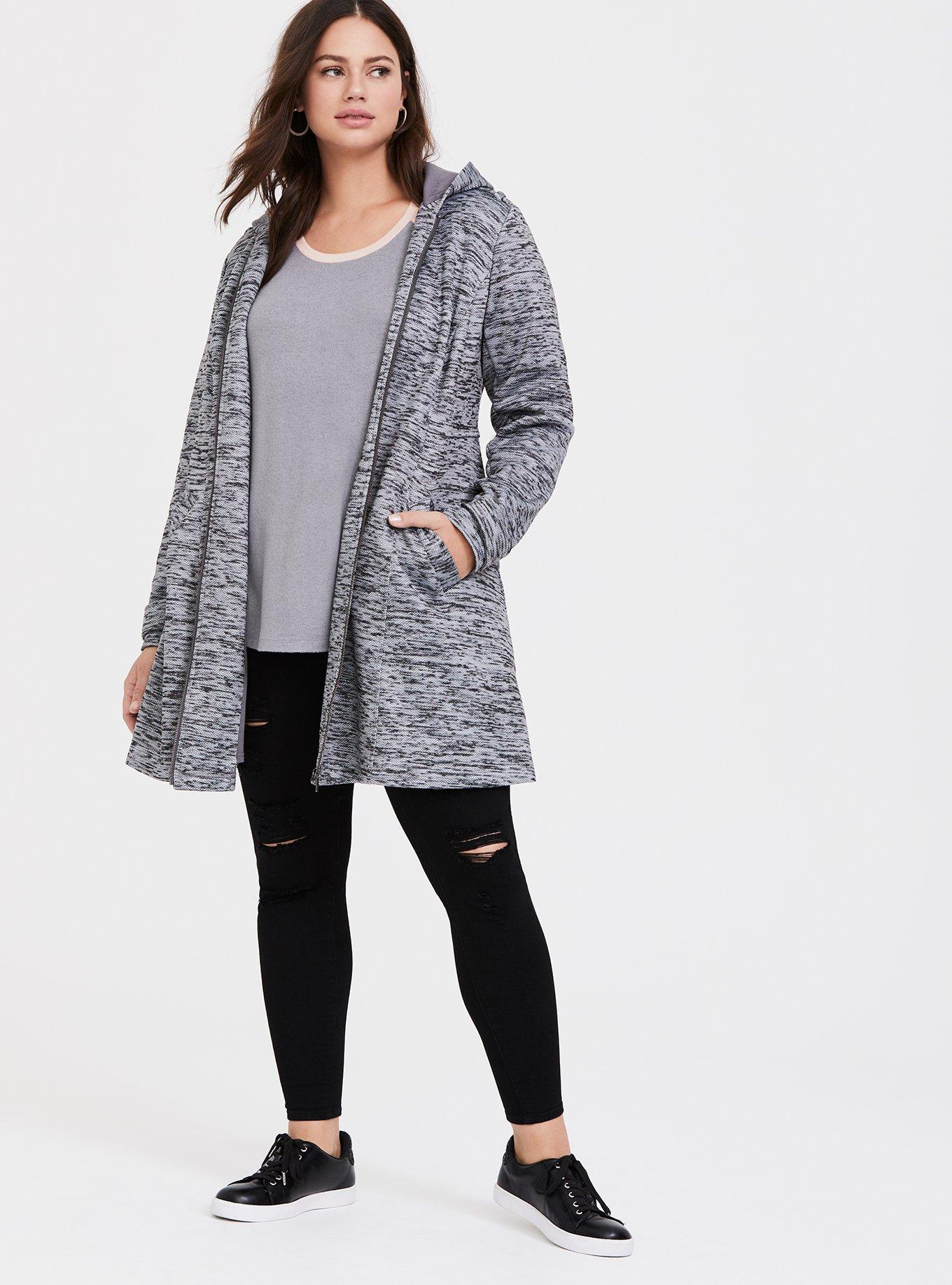 Plus Size - Grey Space-Dye Hacci Hooded Fit & Flare Coat - Torrid