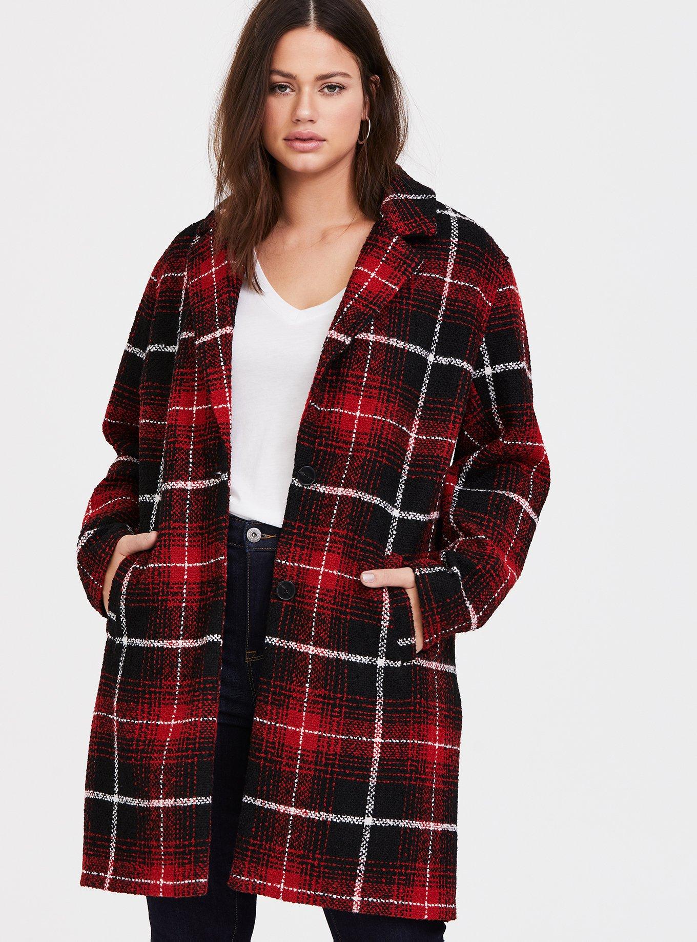 Red and black hot sale plaid coat womens