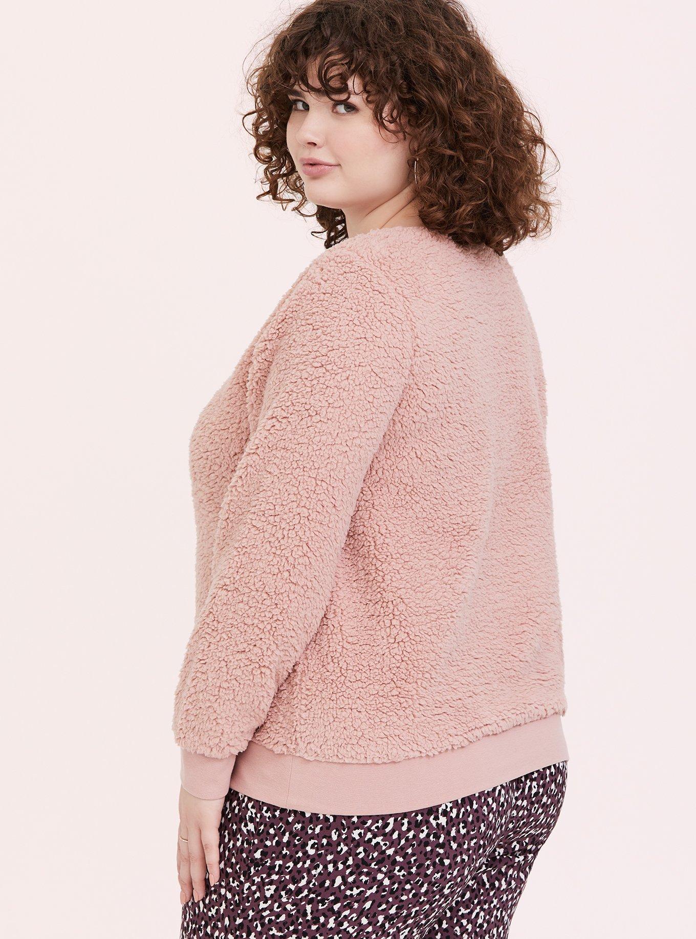 Plus Size Blush Pink Faux Fur Teddy Pullover, DUSTY QUARTZ, alternate