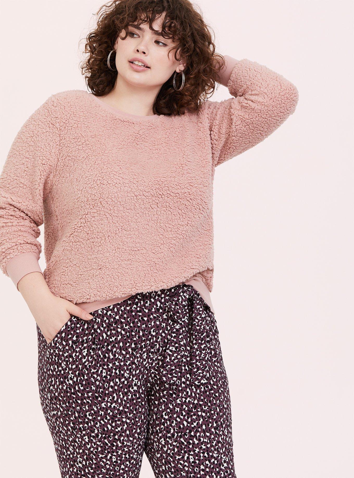 Plus Size Blush Pink Faux Fur Teddy Pullover, DUSTY QUARTZ, hi-res
