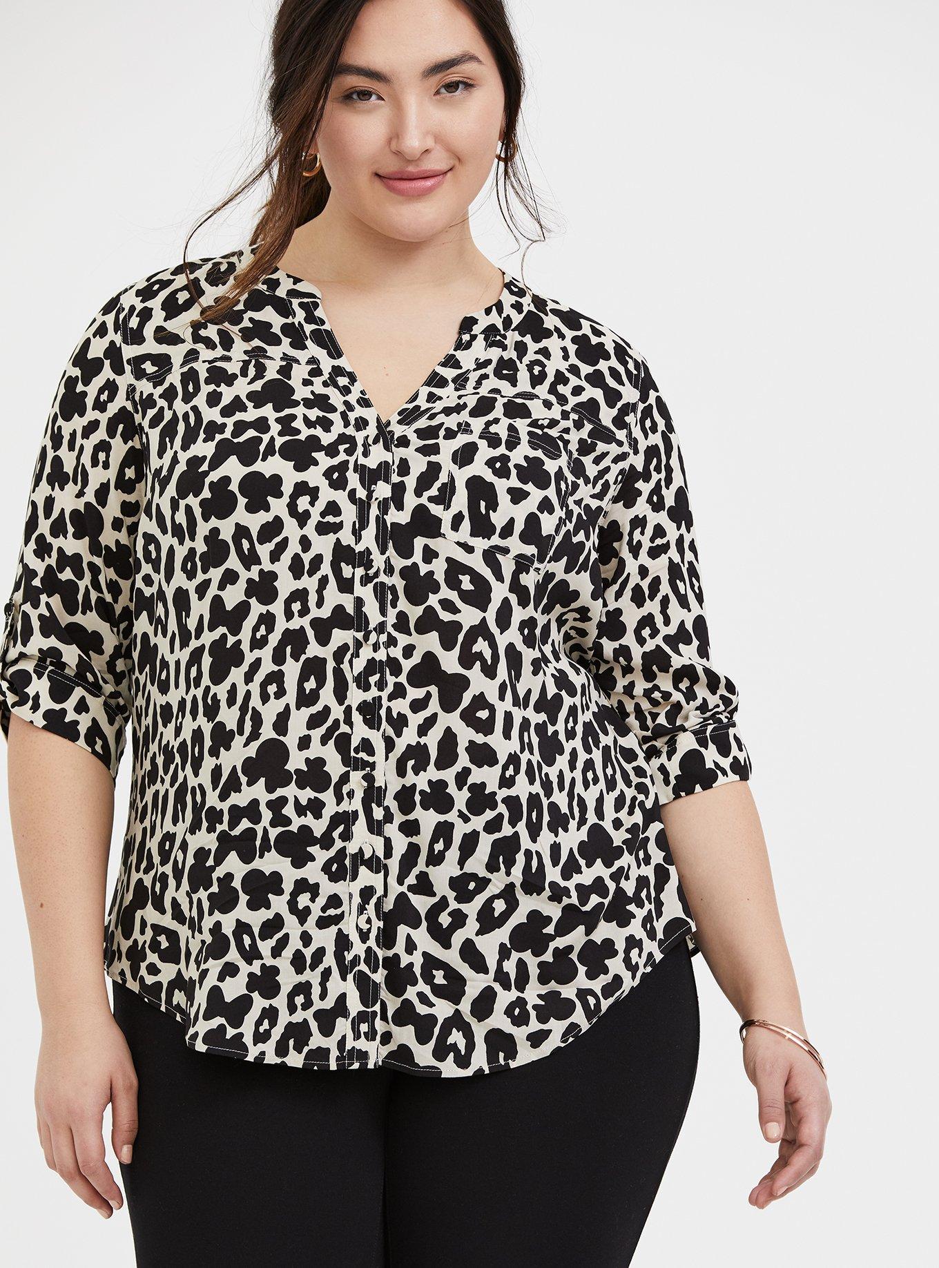 Plus Size Disney Minnie Mouse & Leopard Challis Button Front Blouse , MULTI, hi-res