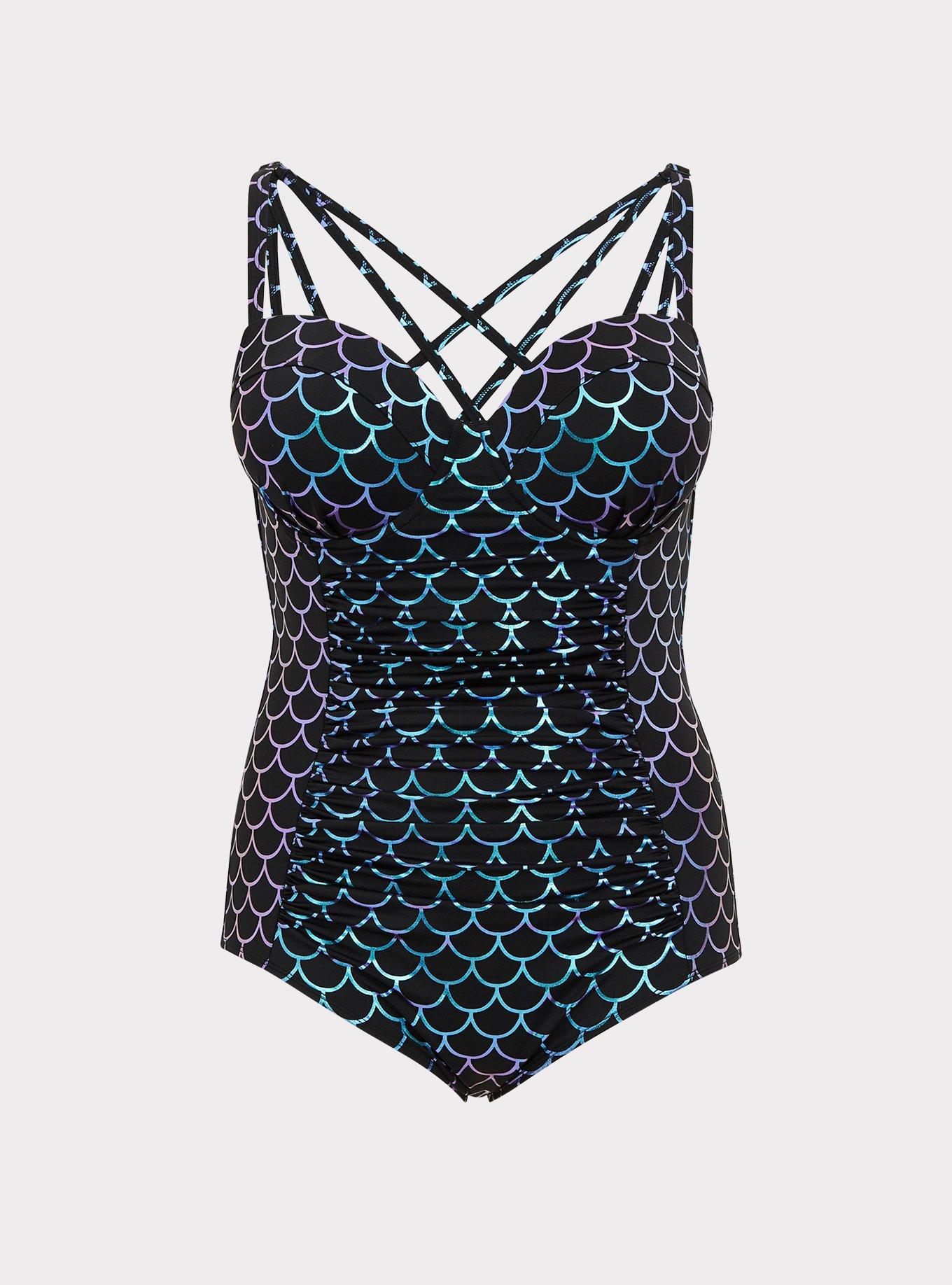 Torrid Black & Purple Iridescent Mermaid Scale Lattice Back Ruched