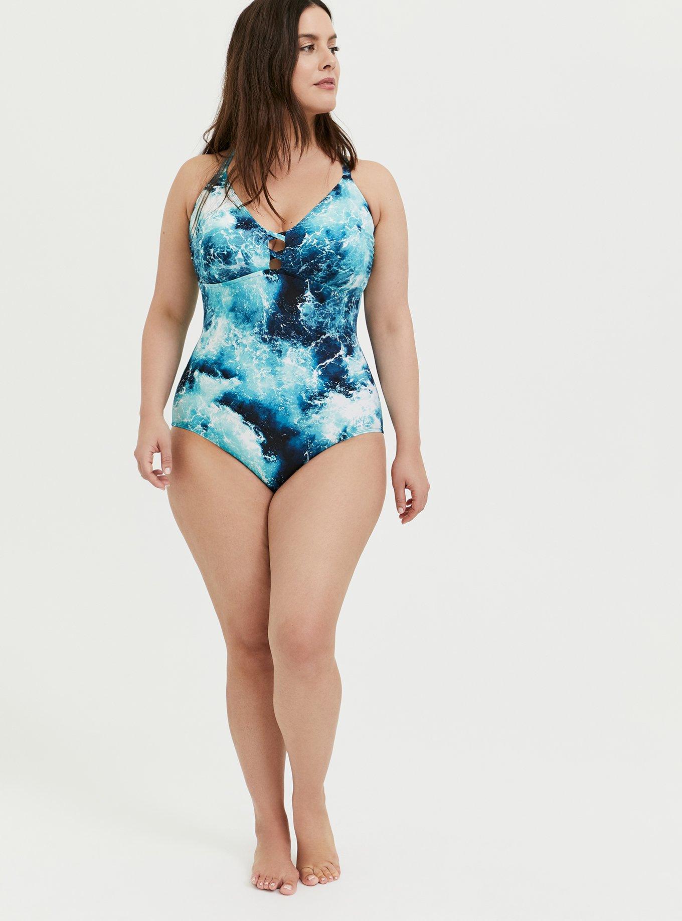 Plus Size Blue Ocean Lace Back Wireless One-Piece Swimsuit, OCEAN, alternate