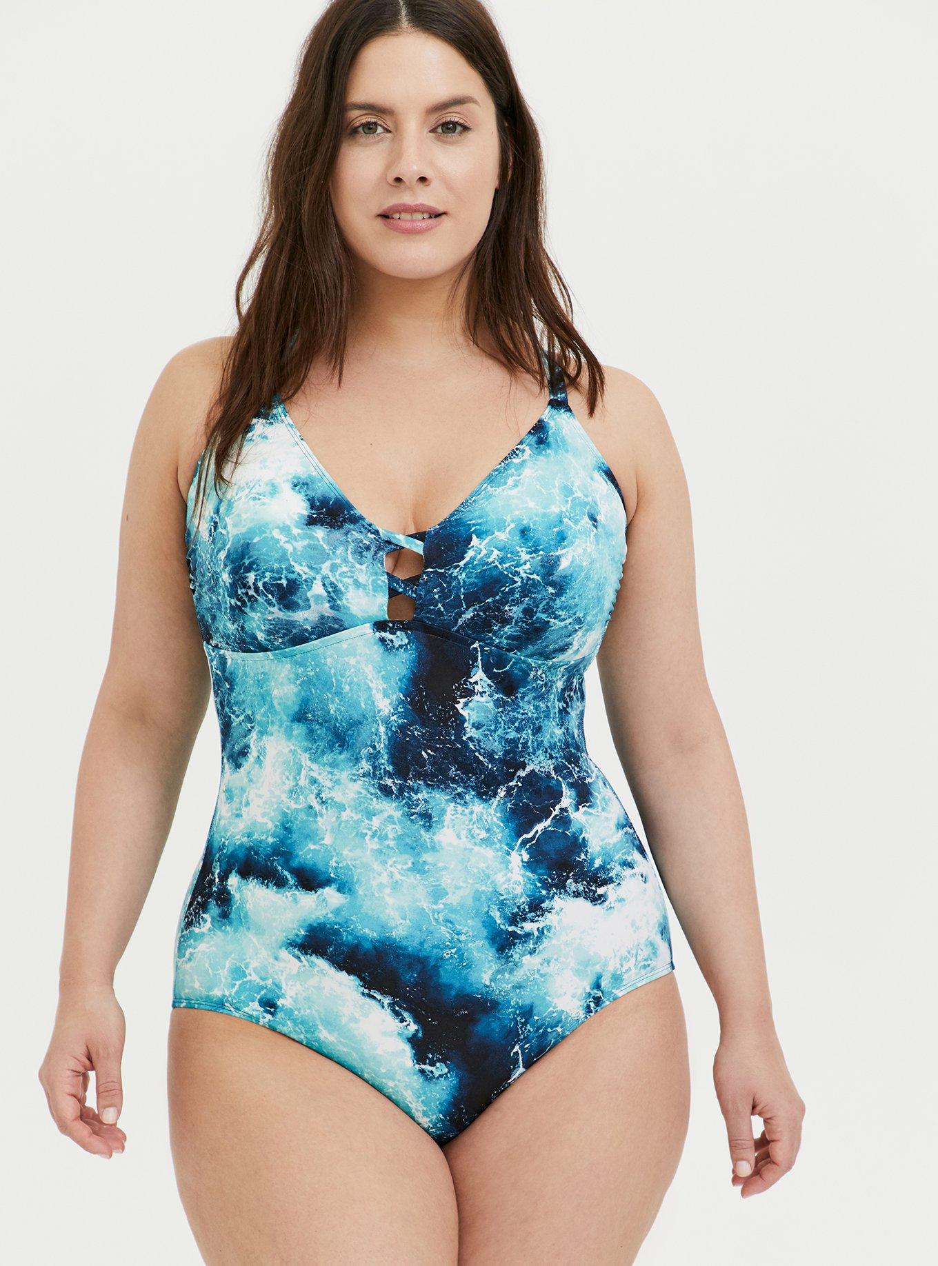 Plus Size Blue Ocean Lace Back Wireless One Piece Swimsuit Torrid