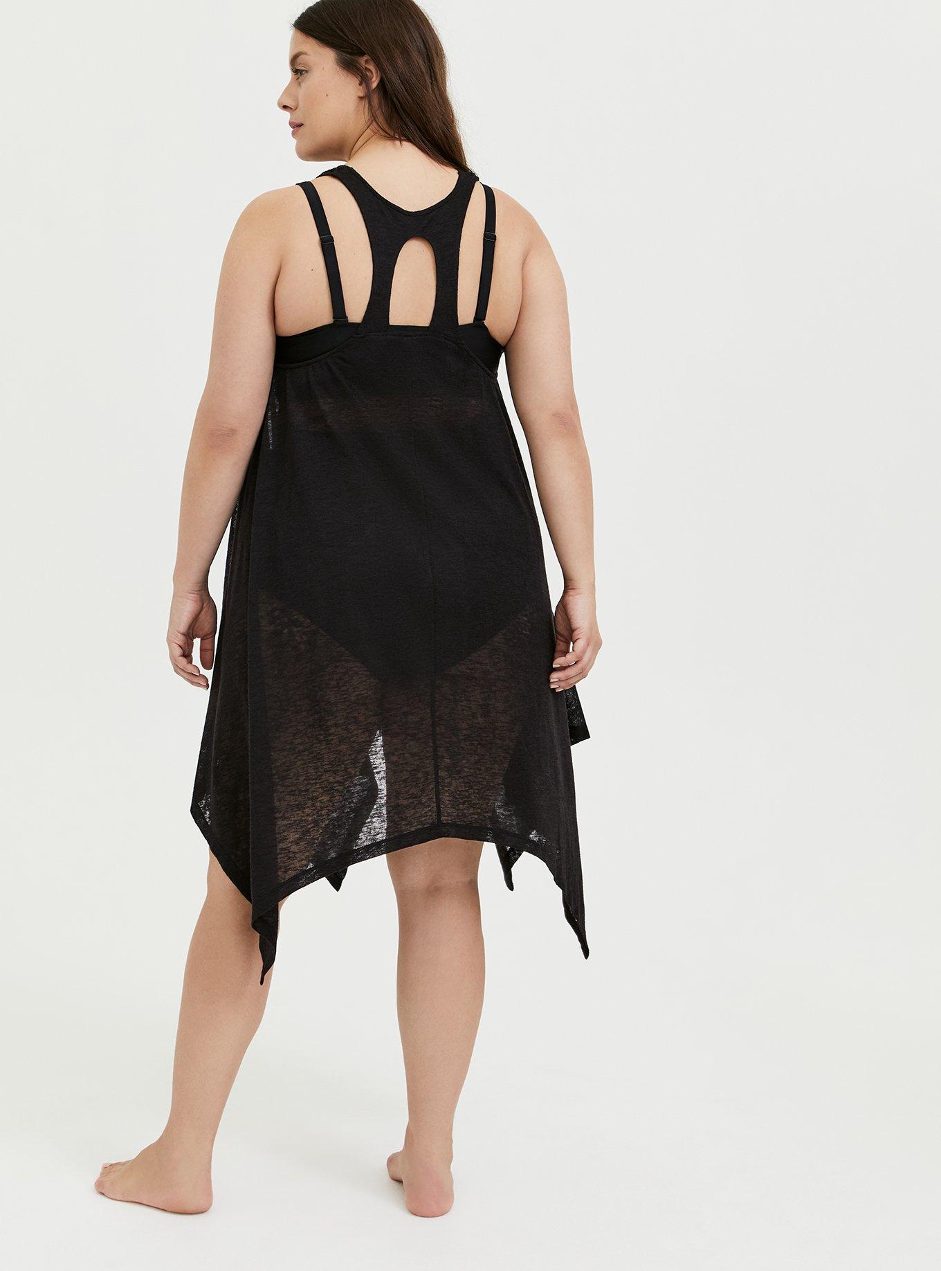 Plus Size Black Jersey & Crochet Dress Swim Cover Up, DEEP BLACK, alternate