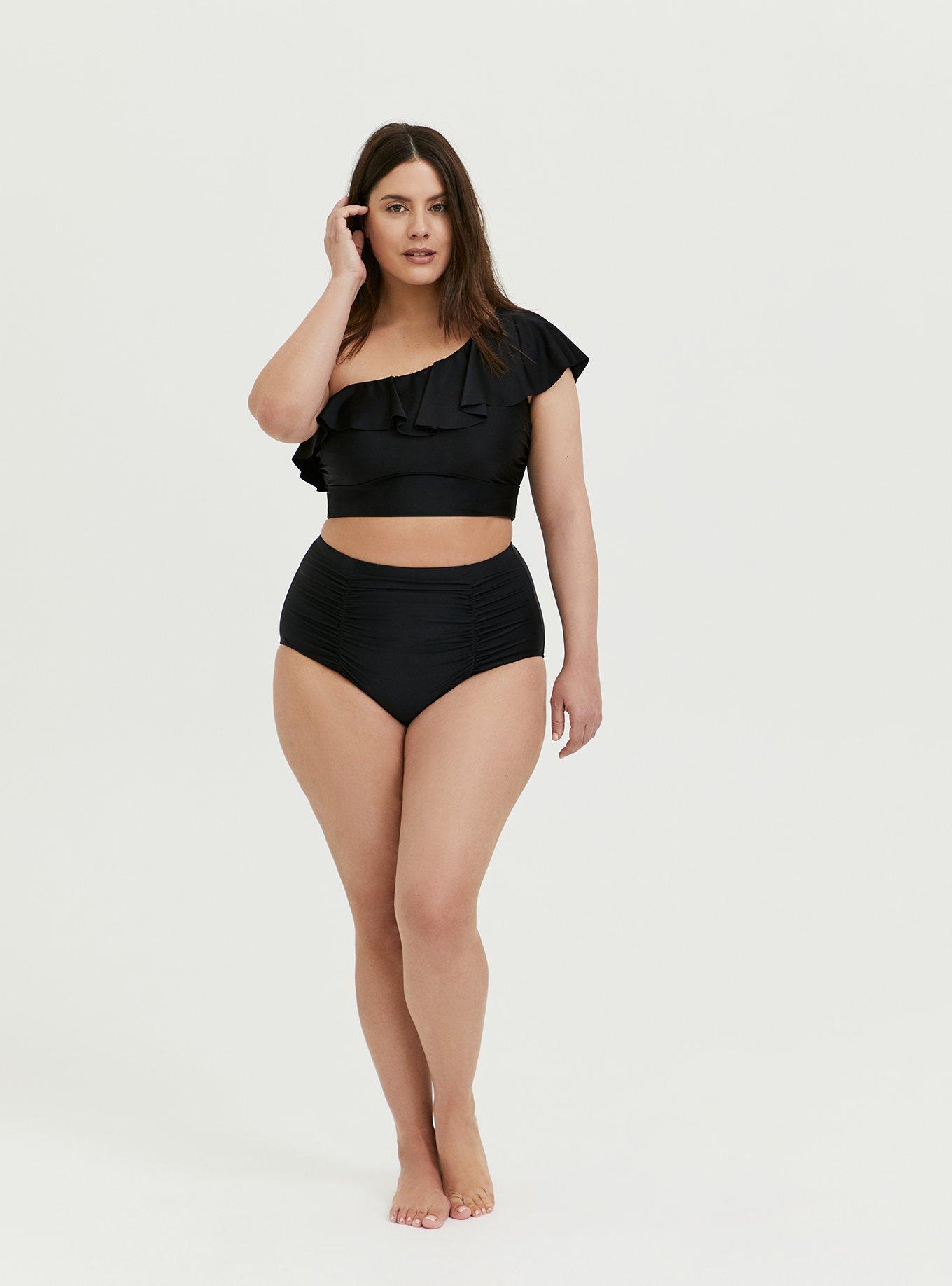 Wireless One Shoulder Flounce Bikini Top, DEEP BLACK, alternate