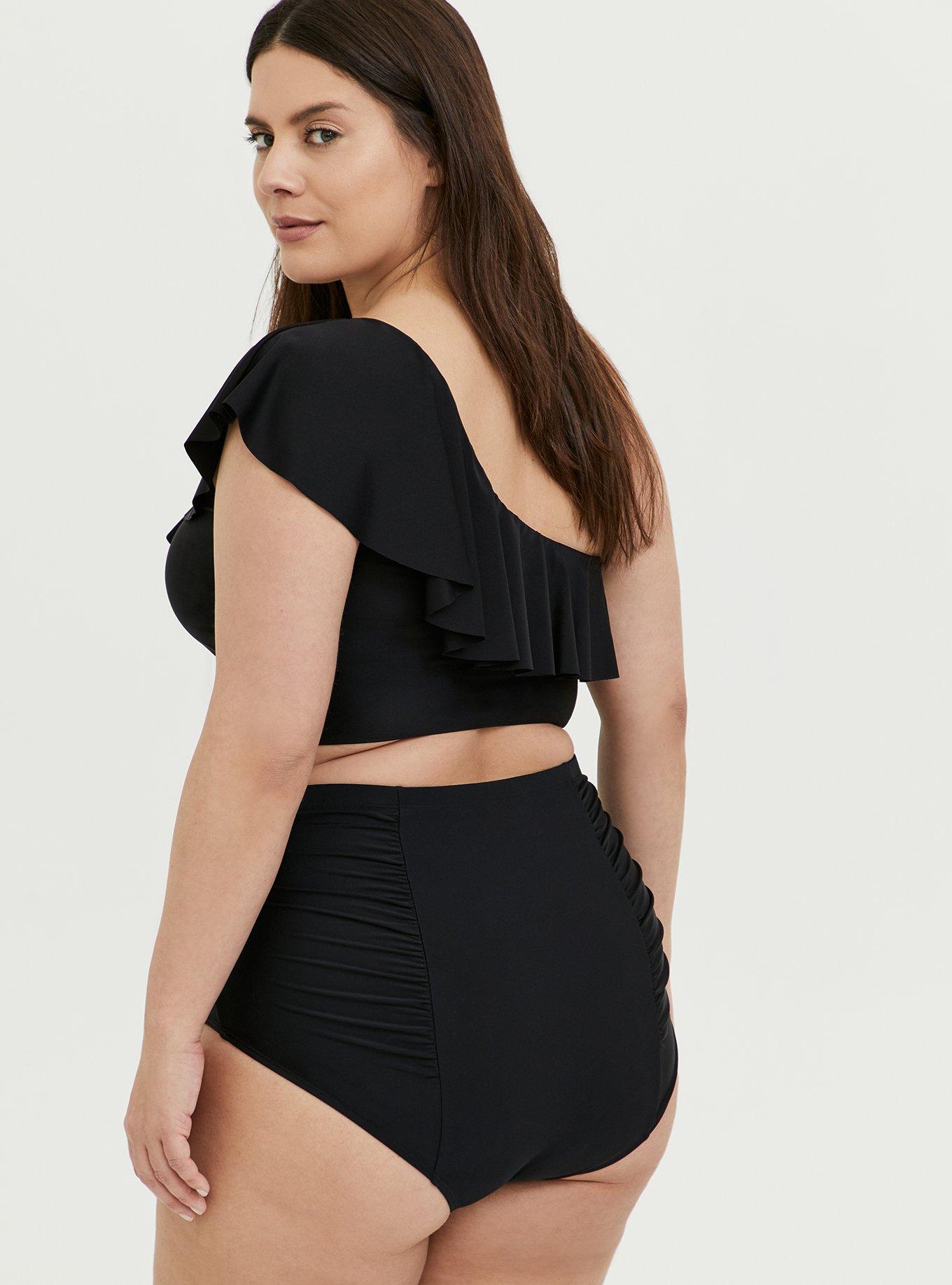 Wireless One Shoulder Flounce Bikini Top, DEEP BLACK, alternate