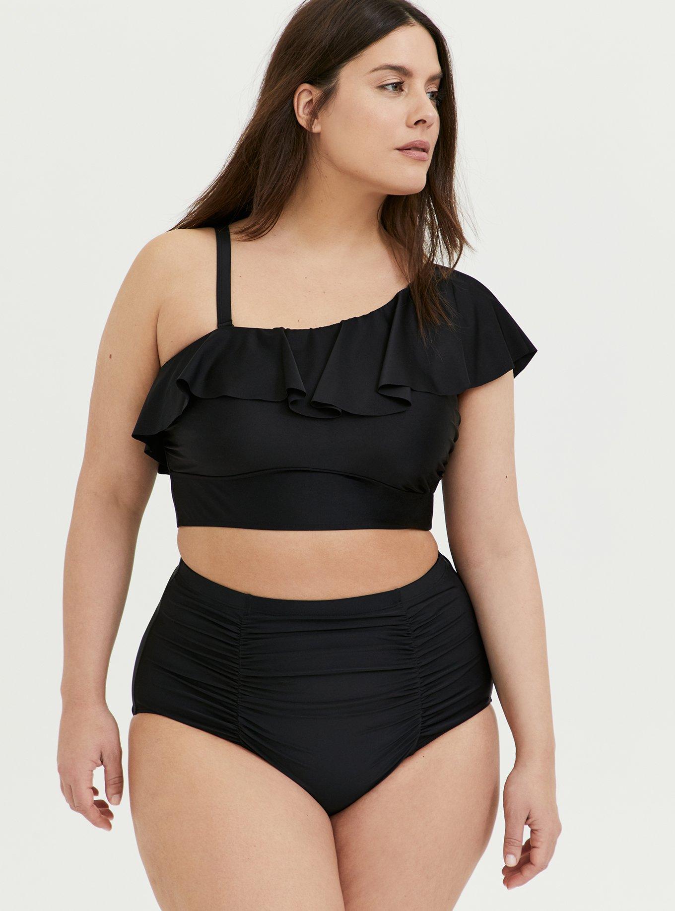 Wireless One Shoulder Flounce Bikini Top, DEEP BLACK, alternate