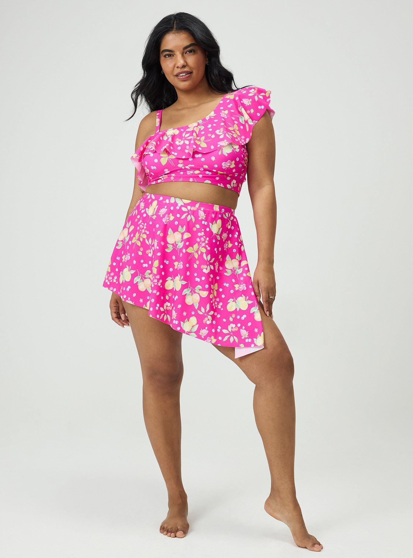 Wireless One Shoulder Flounce Bikini Top, FRUIT BASKET PINK, alternate