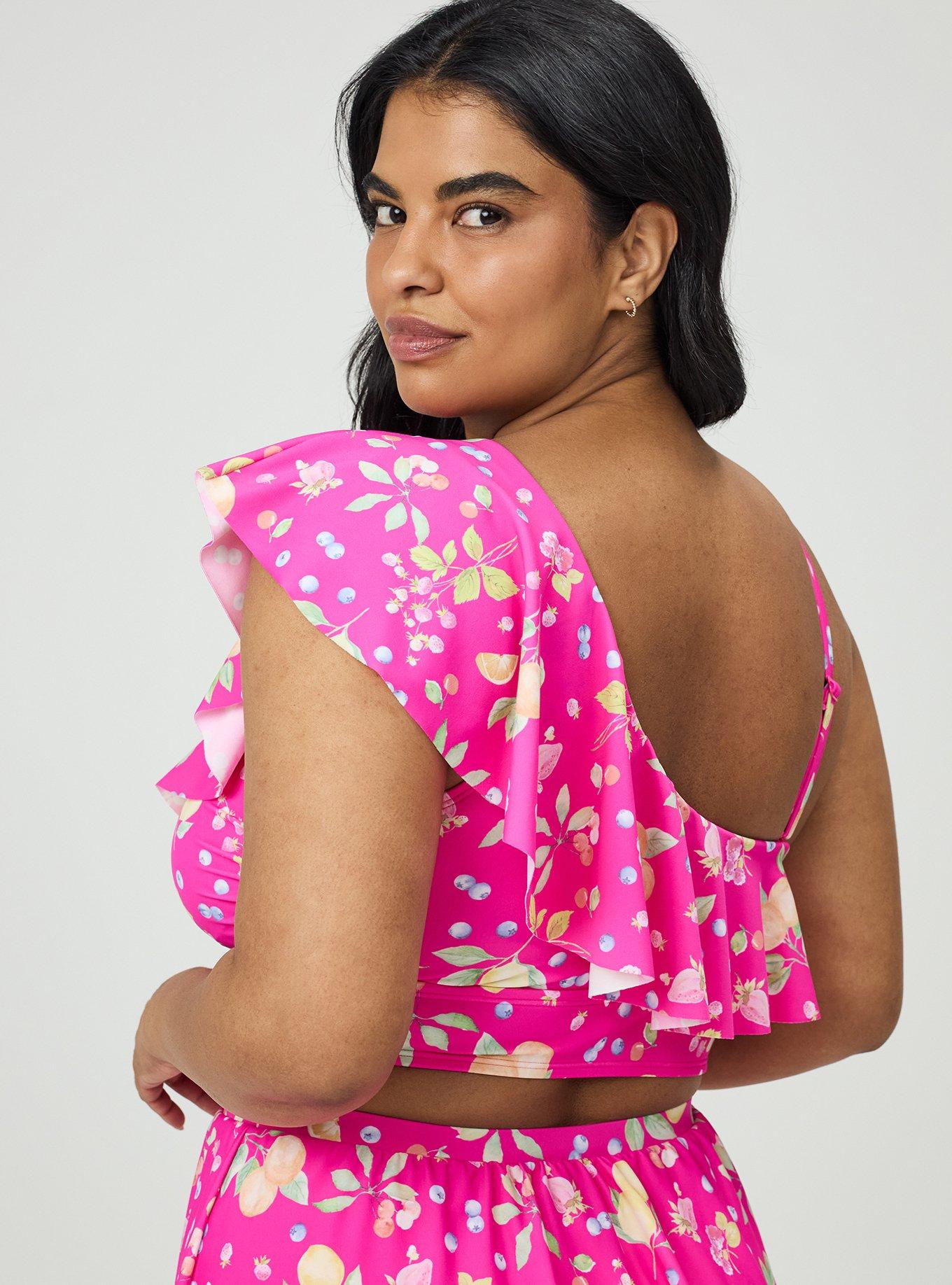 Wireless One Shoulder Flounce Bikini Top, FRUIT BASKET PINK, alternate