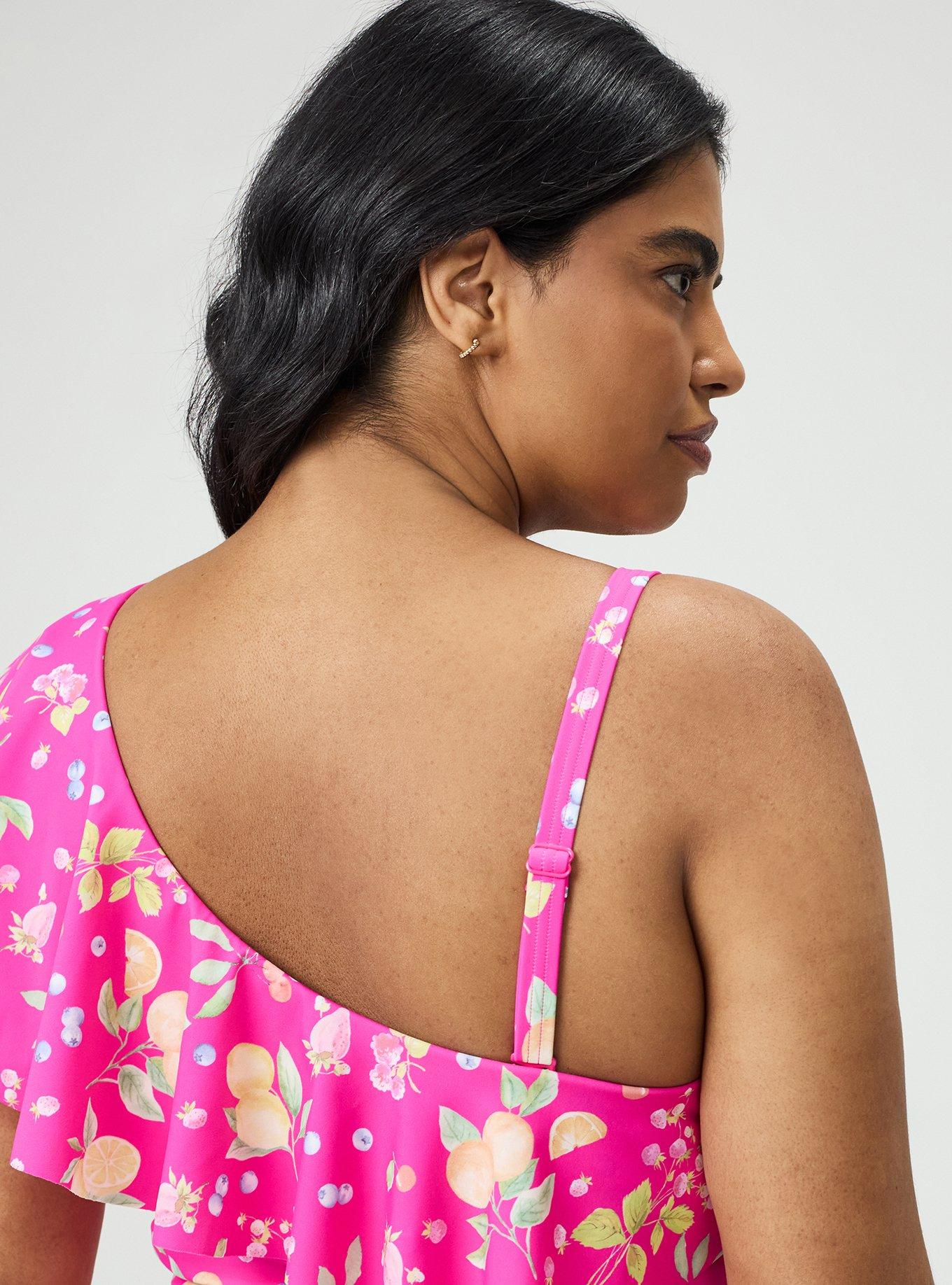 Wireless One Shoulder Flounce Bikini Top, FRUIT BASKET PINK, alternate