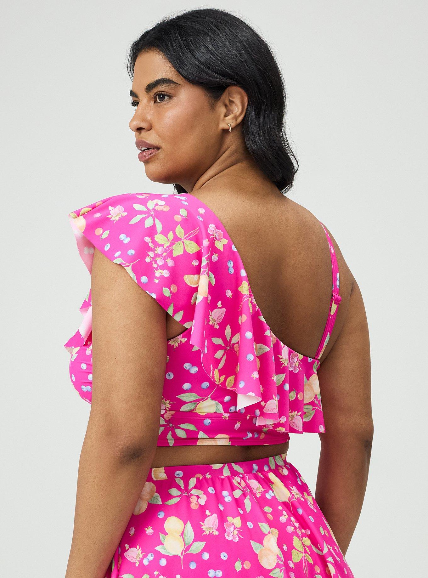 Wireless One Shoulder Flounce Bikini Top, FRUIT BASKET PINK, alternate