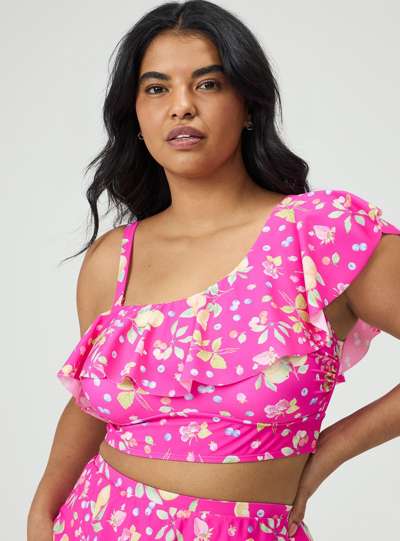 Wireless One Shoulder Flounce Bikini Top, FRUIT BASKET PINK, hi-res