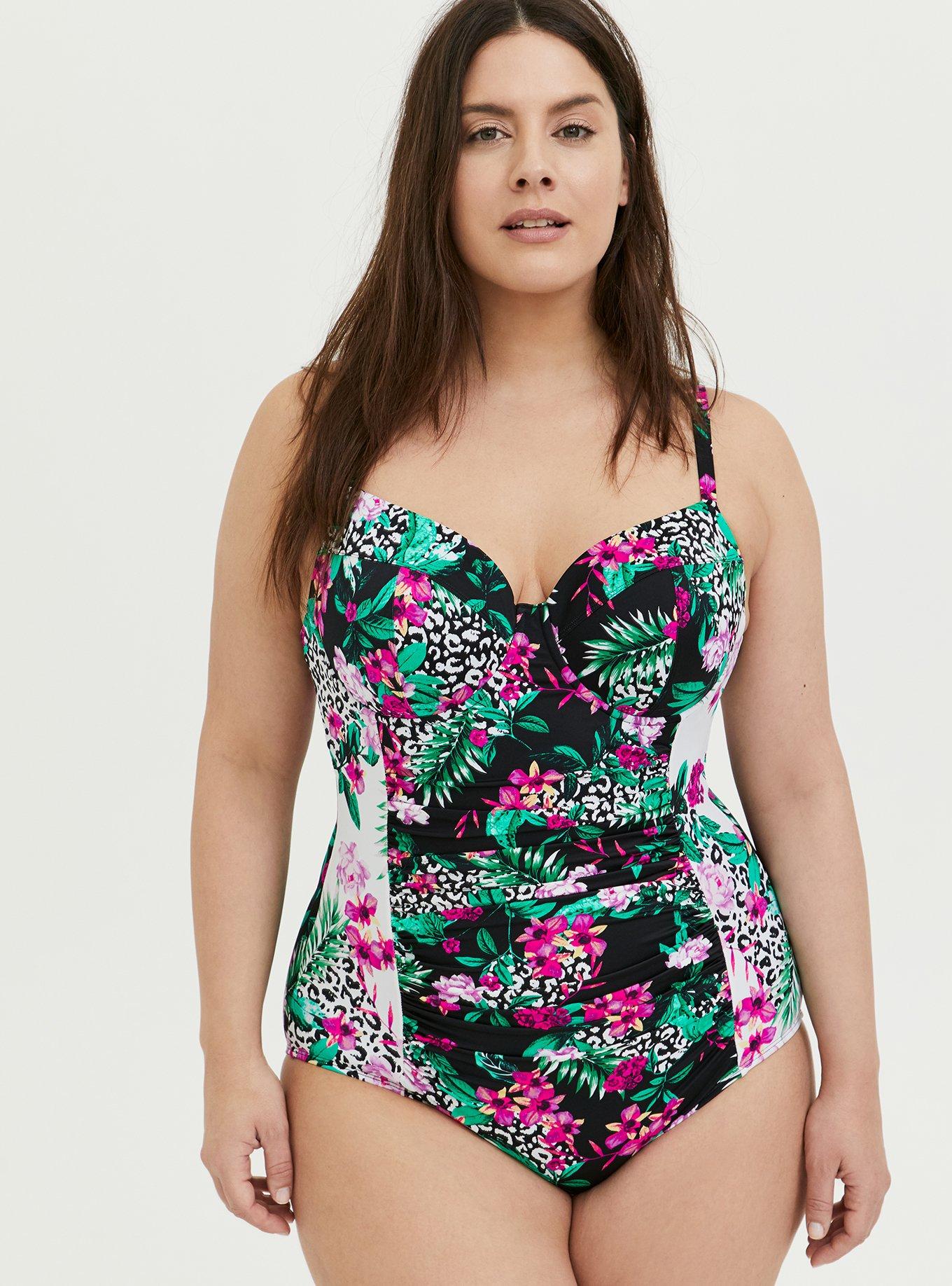 Swimsuits For All Women's Plus Size Ruched Underwire One Piece Swimsuit 14  Hawaiian Tropical