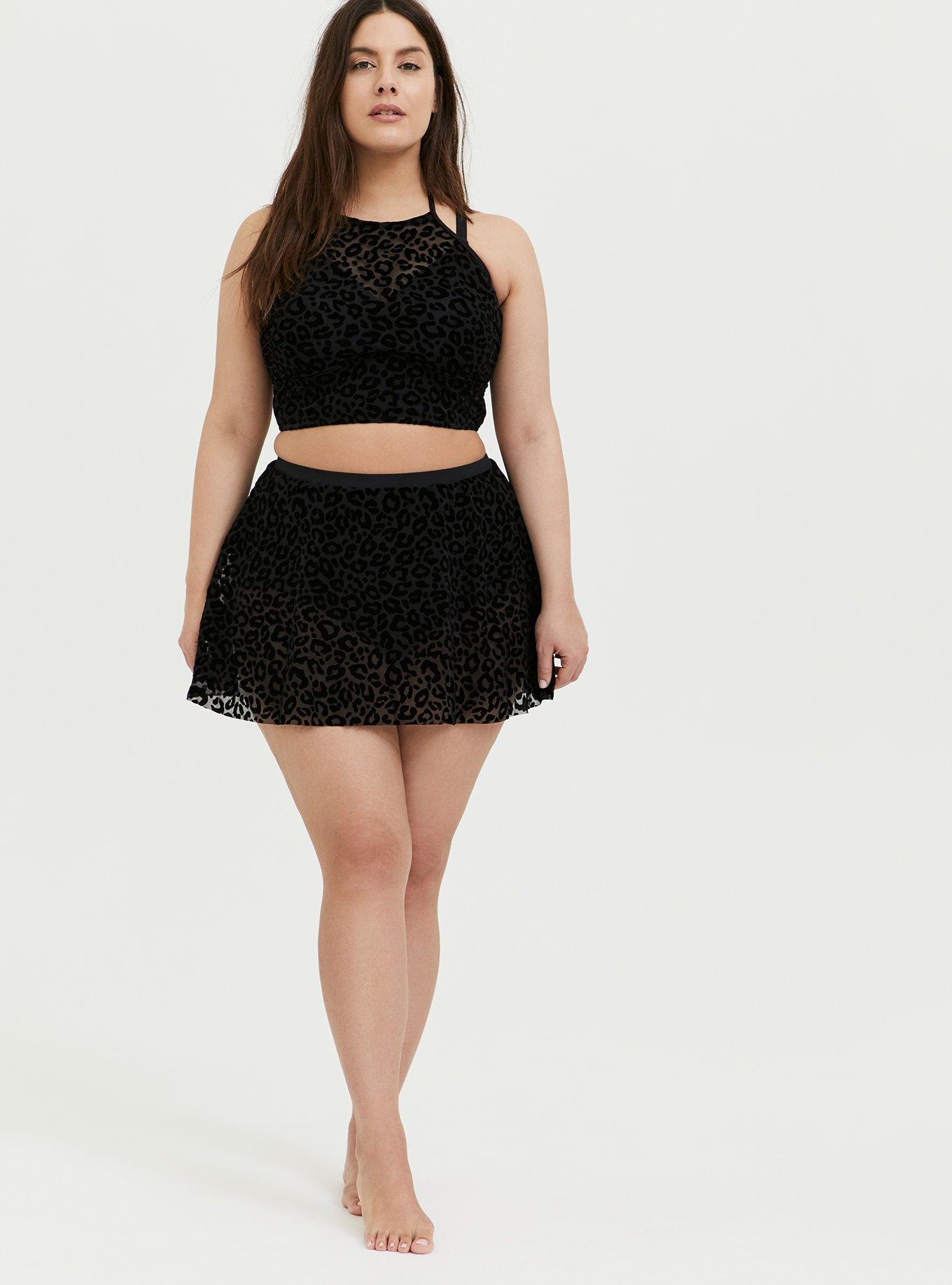 Plus Size - Black Leopard Flocked Mesh Lightly Lined Wireless