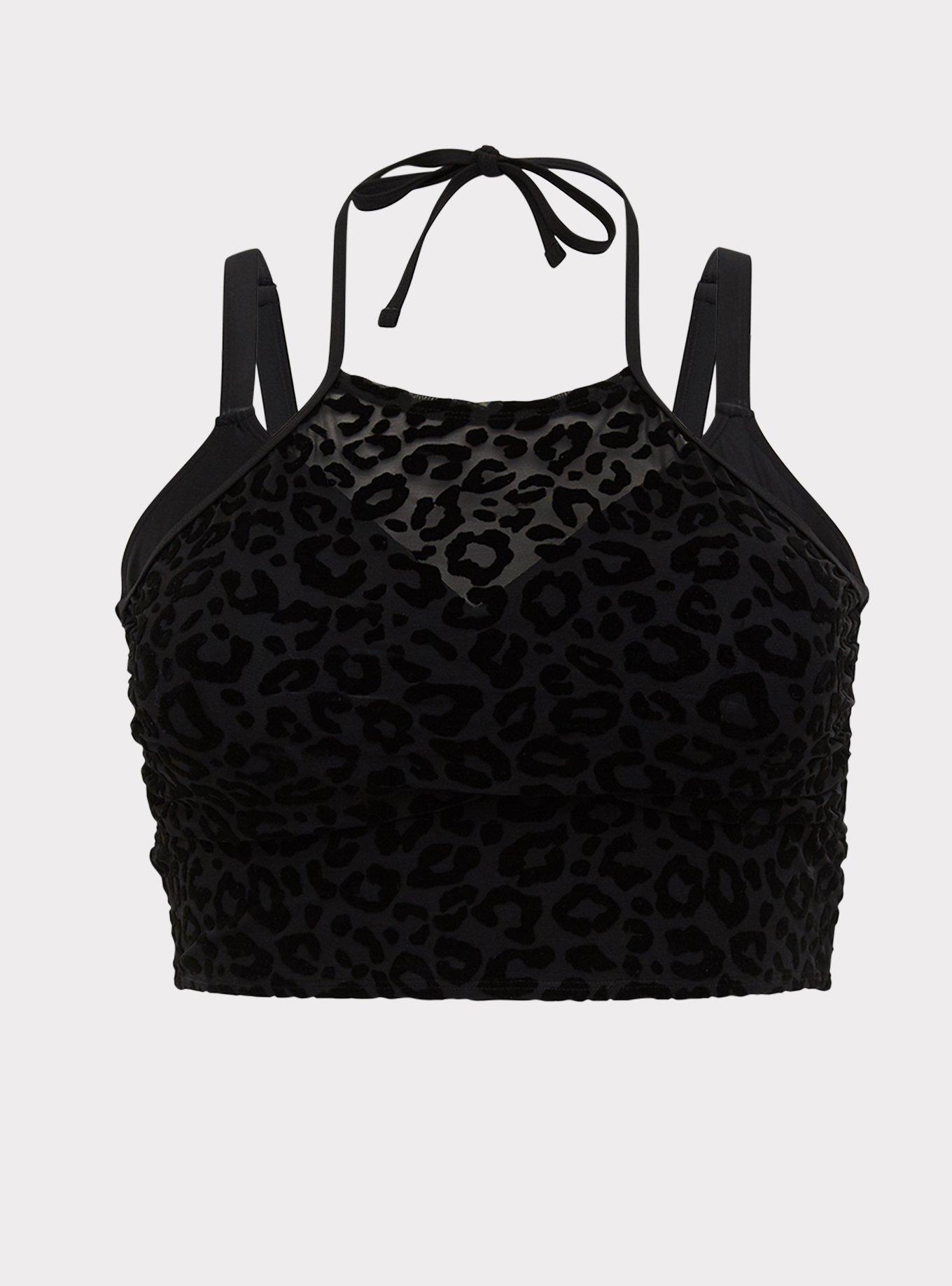 Plus Size - Black Leopard Flocked Mesh Lightly Lined Wireless