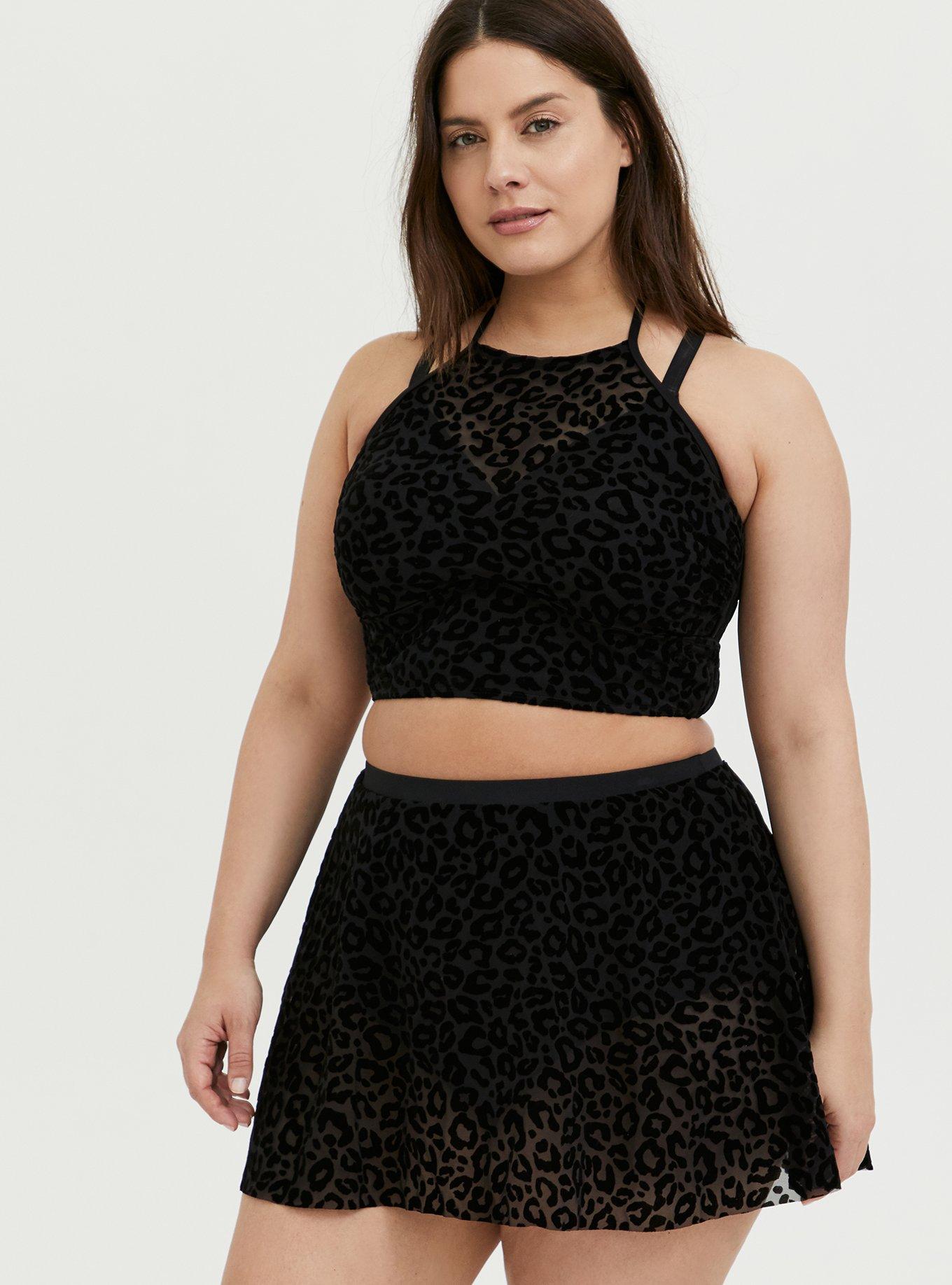 Plus Size - Black Leopard Flocked Mesh Lightly Lined Wireless