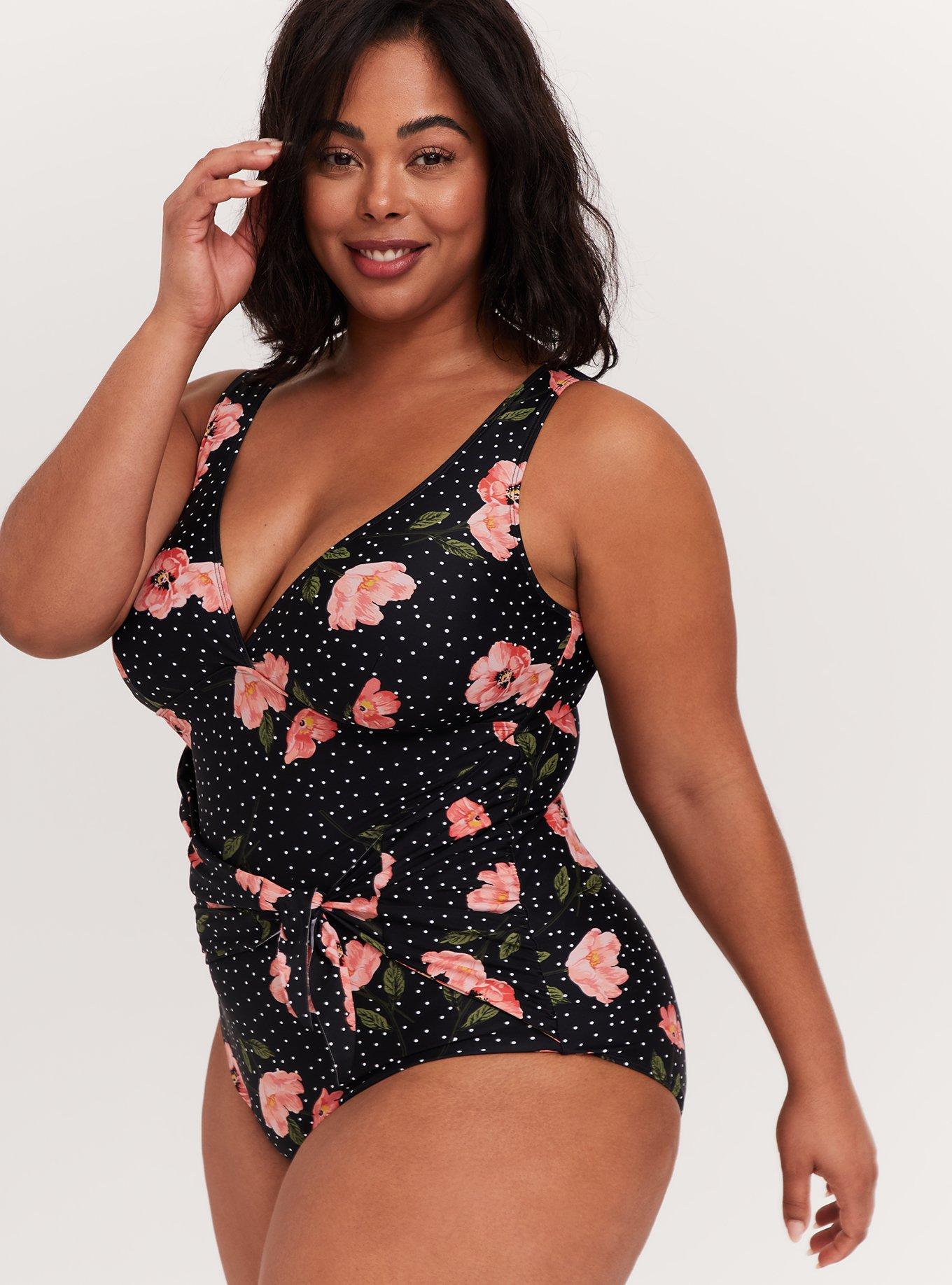 Plus Size - Black Floral & Polka Dot Tie Front Wireless One-Piece Swimsuit  - Torrid