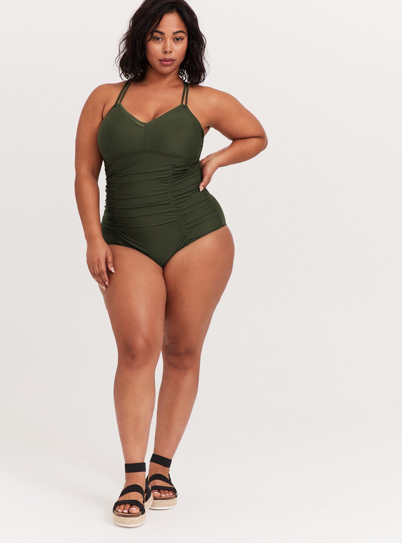 Olive Green Wireless Ruched One-Piece Swimsuit