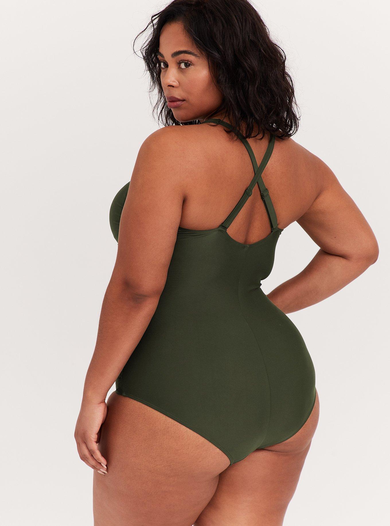 Plus Size - Olive Green Wireless Ruched One-Piece Swimsuit - Torrid