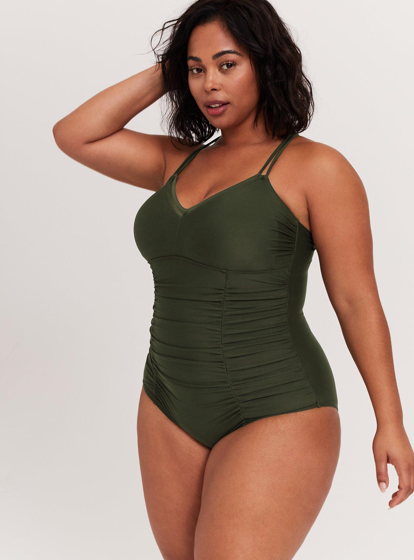 Plus Size - Olive Green Wireless Ruched One-Piece Swimsuit - Torrid