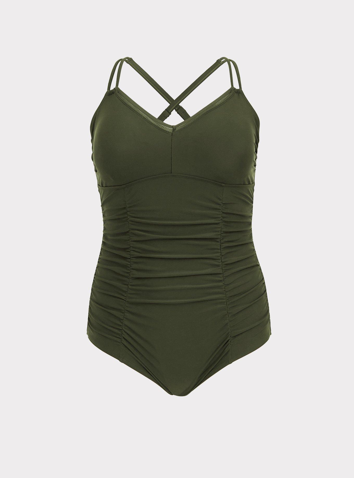 Olive Green Wireless Ruched One-Piece Swimsuit, , hi-res