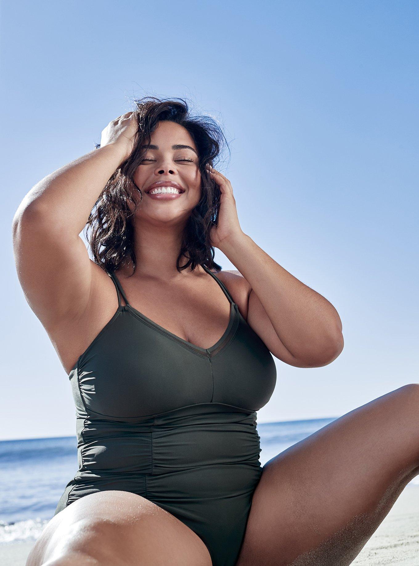 Olive Green Wireless Ruched One-Piece Swimsuit, , hi-res